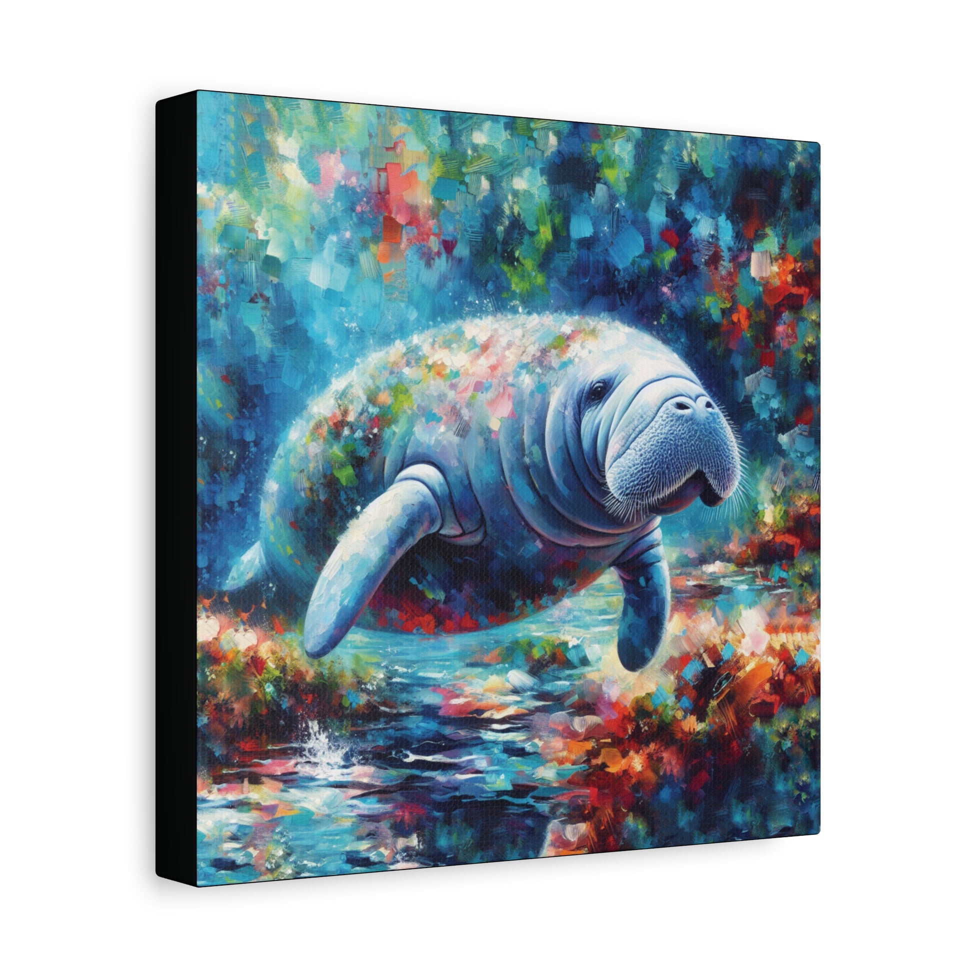 Canvas print of a manatee surrounded by colorful foliage