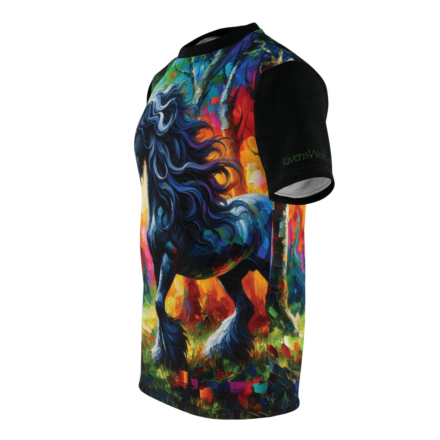 Elegant Black Stallion Unicorn Art Tee | Colorful Unisex Cut & Sew T-Shirt, Wildlife Apparel, Unique Graphic Tee
