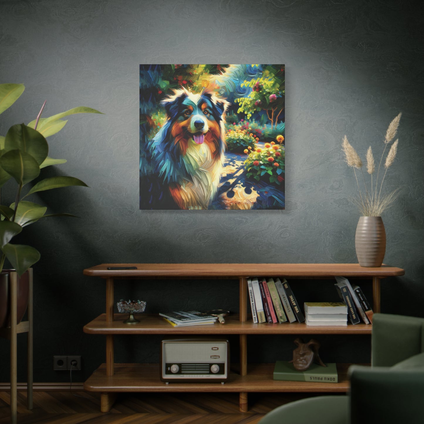 Canvas Wall Art - Australian Shepherd on Garden Path, Contemporary Impressionist Art Print
