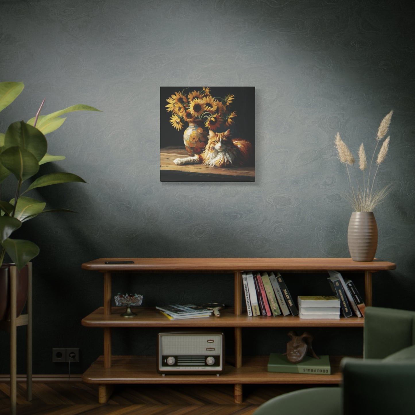 Canvas Wall Art - Orange and White Cat with Sunflowers Old Master Style Art