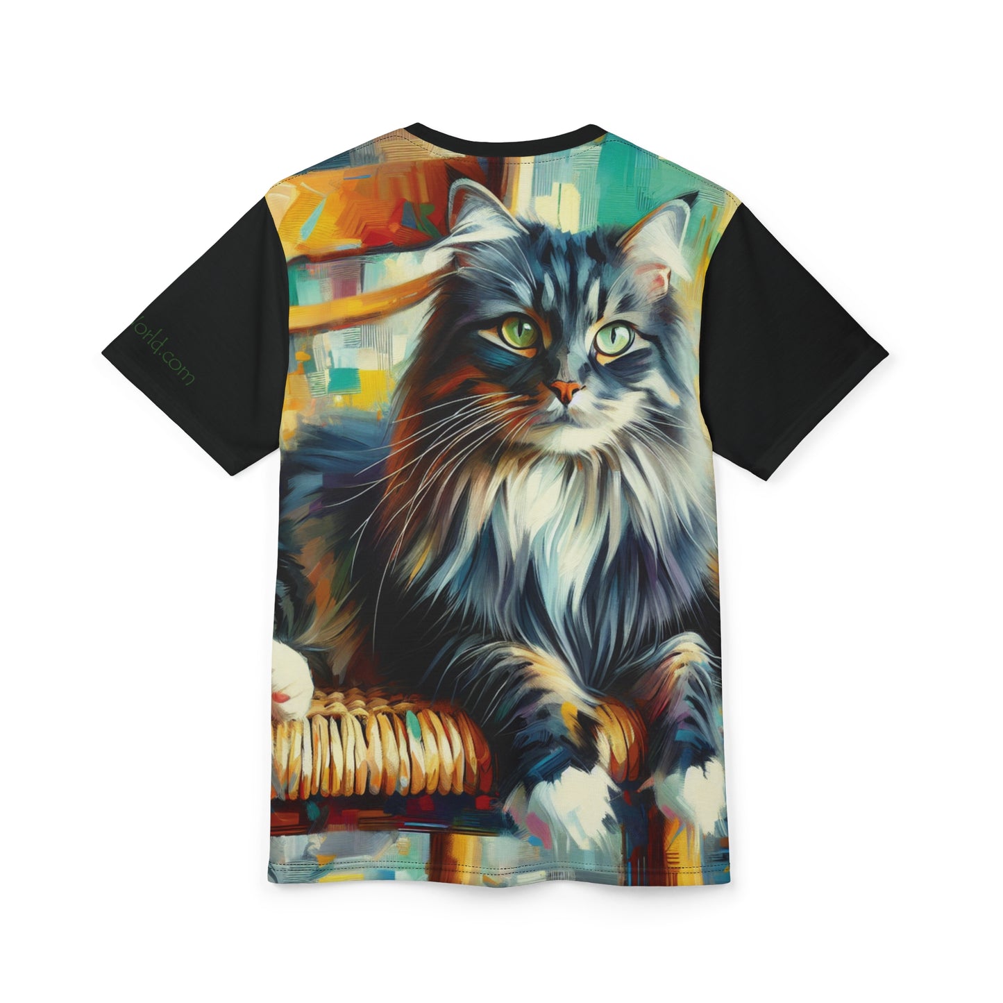 Longhaired Cat on Wooden Chair Vibrant Art Tee | Colorful Unisex Cut & Sew T-Shirt, Wildlife Apparel, Unique Graphic Tee, Birthday Gift