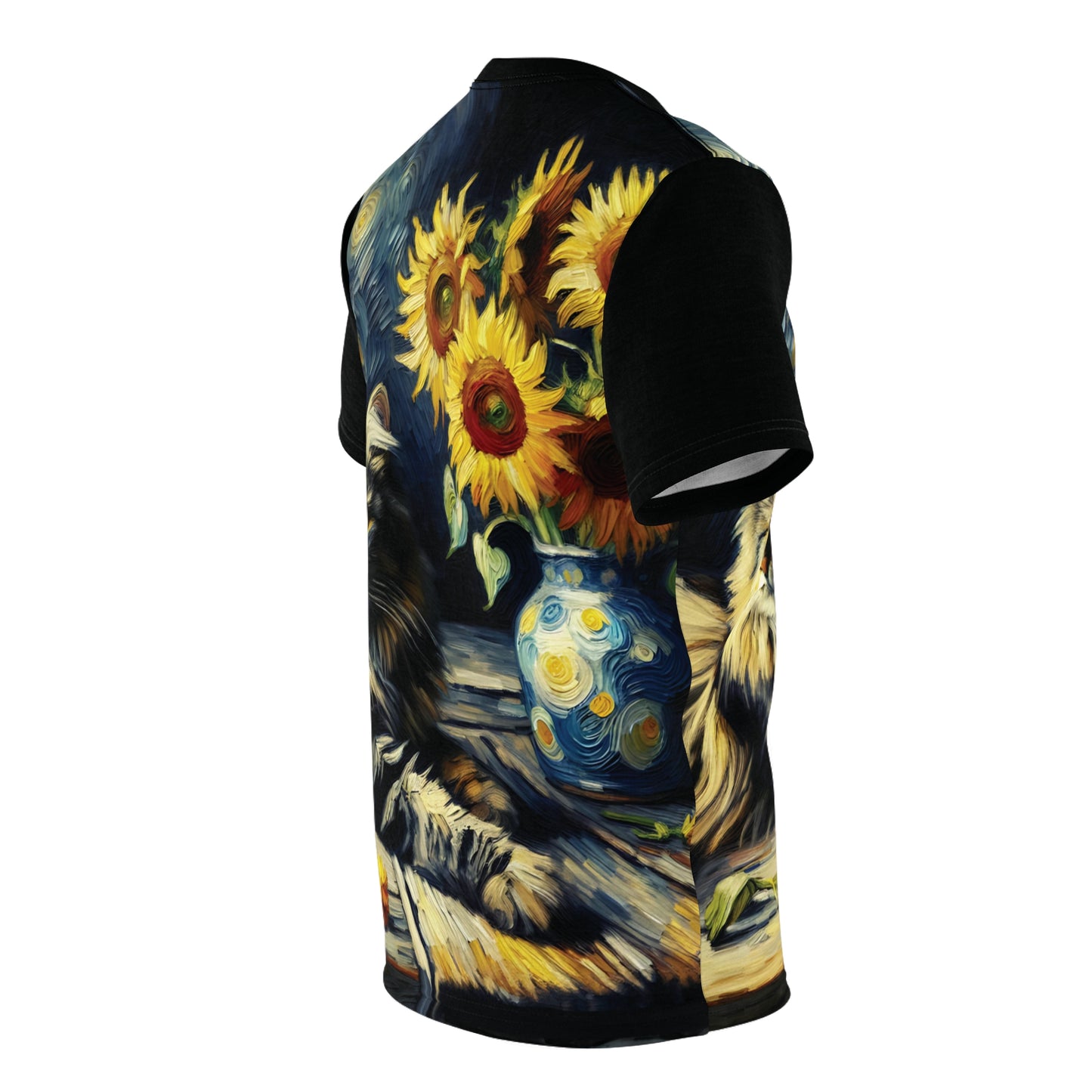 Grey Tabby Cat with Sunflowers Vibrant Art Tee | Colorful Unisex Cut & Sew T-Shirt, Cat Lover Apparel, Unique Graphic Tee, Birthday Gift