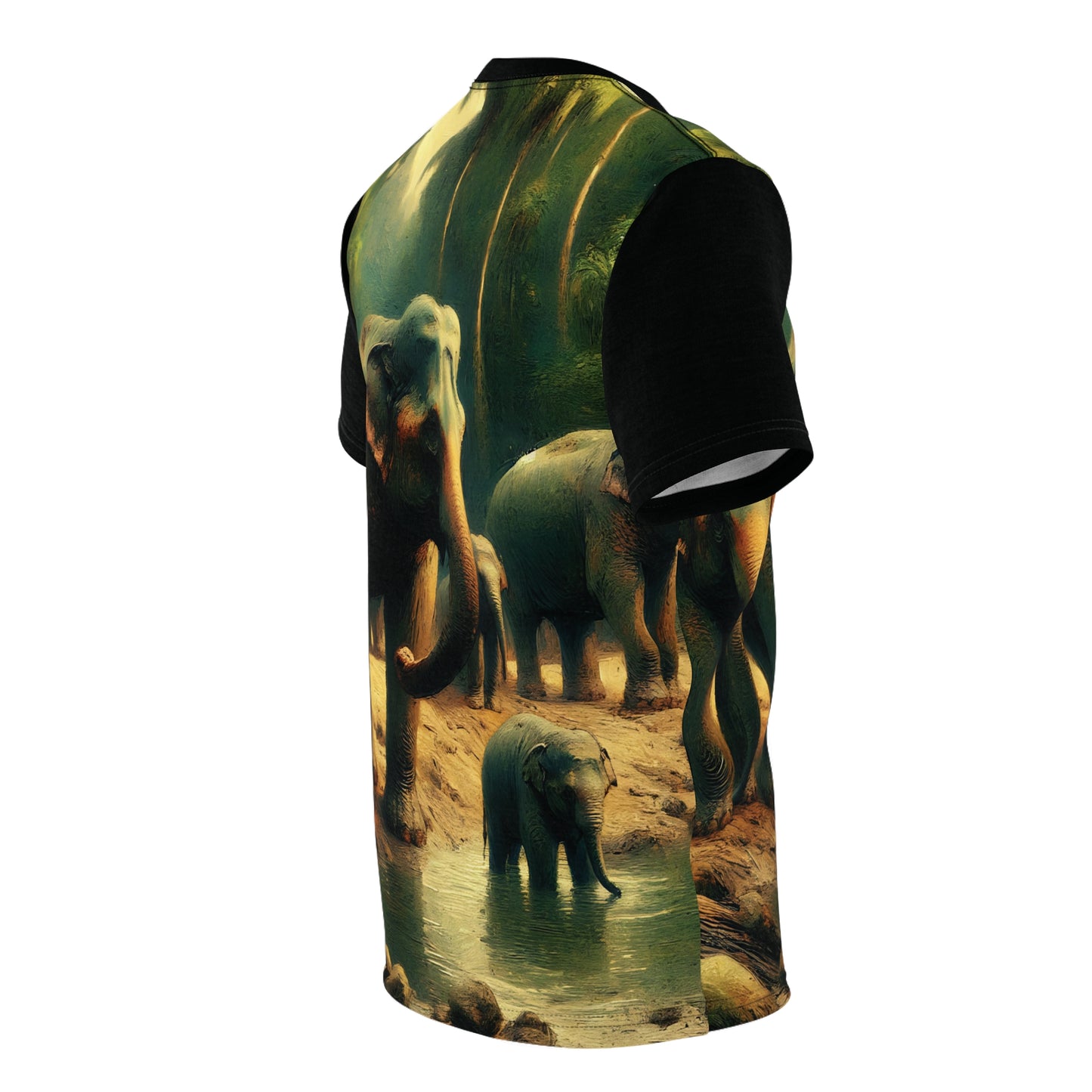 Asiatic Elephant Herd at Watering Hole Vibrant Art Tee | Colorful Unisex Cut & Sew T-Shirt, Wildlife Apparel, Unique Graphic Tee, Birthday Gift