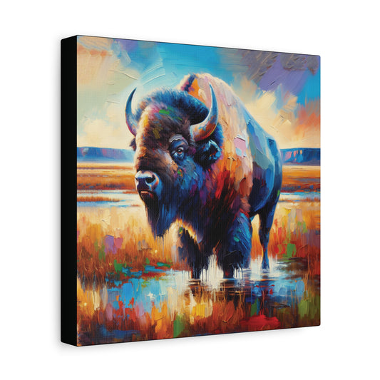 Colorful painting of a bison in a natural setting