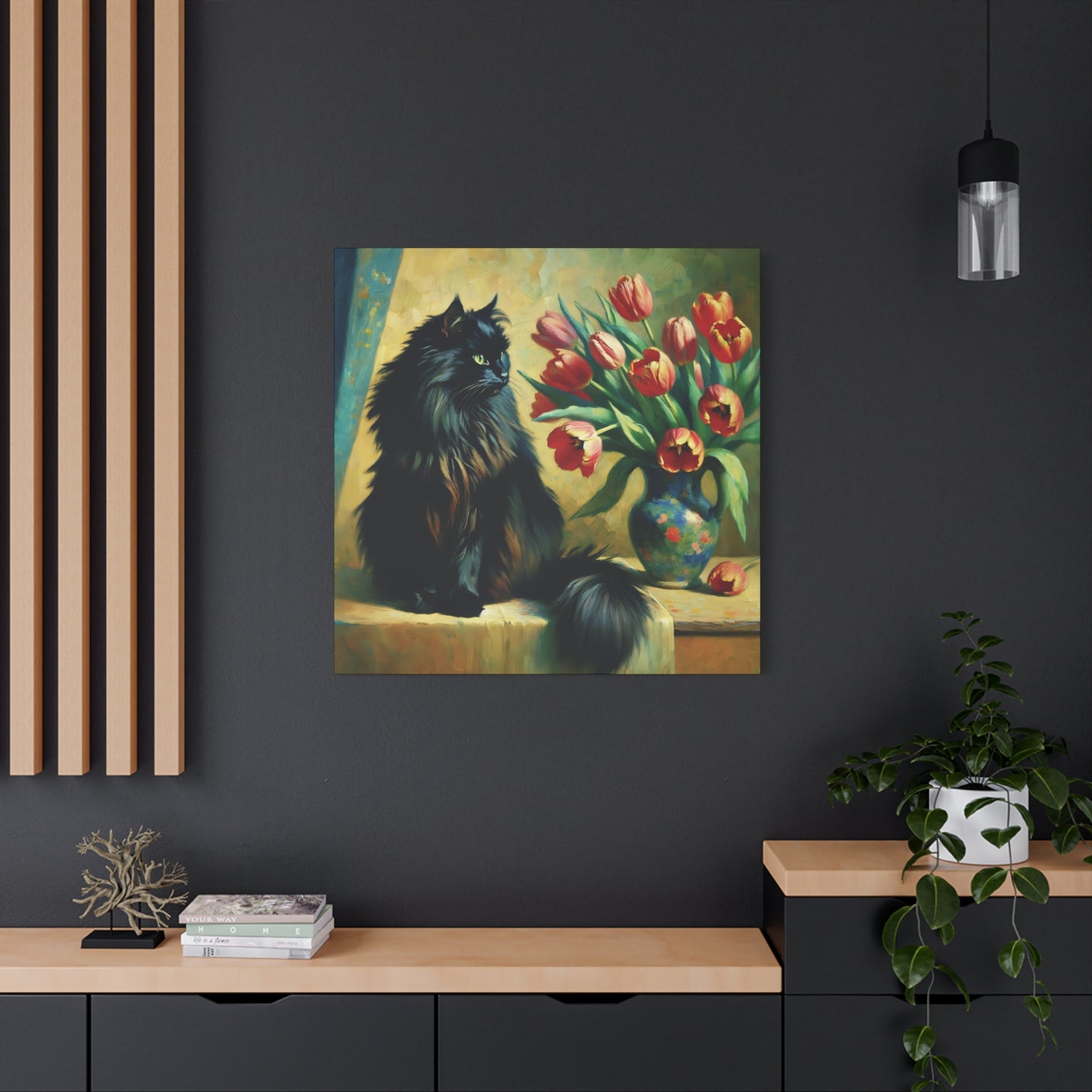 The Artist's Black Cat with Red Tulips - Impressionist Canvas Wall Art