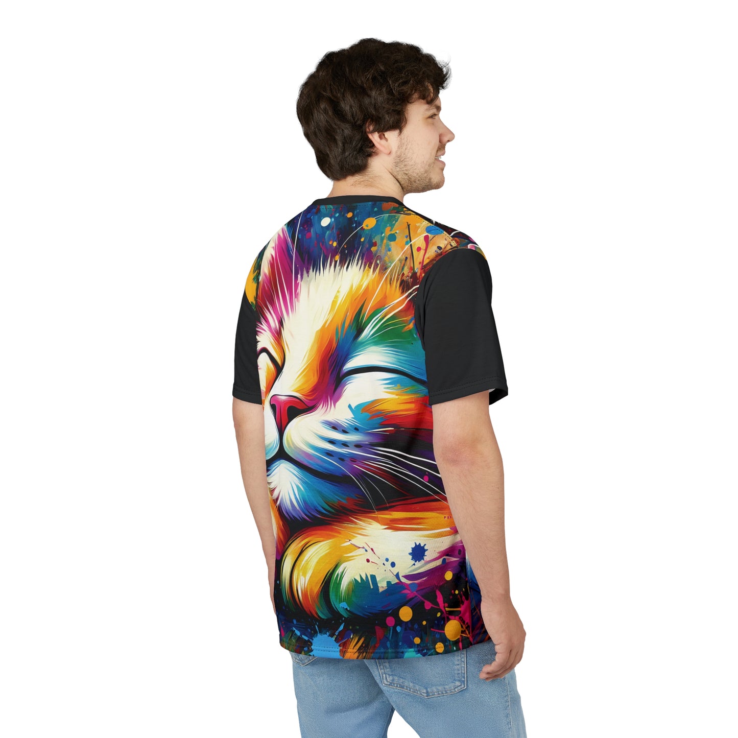 Contented Cat Vibrant Art Tee | Colorful Unisex Cut & Sew T-Shirt, Wildlife Apparel, Unique Graphic Tee, Birthday Gift