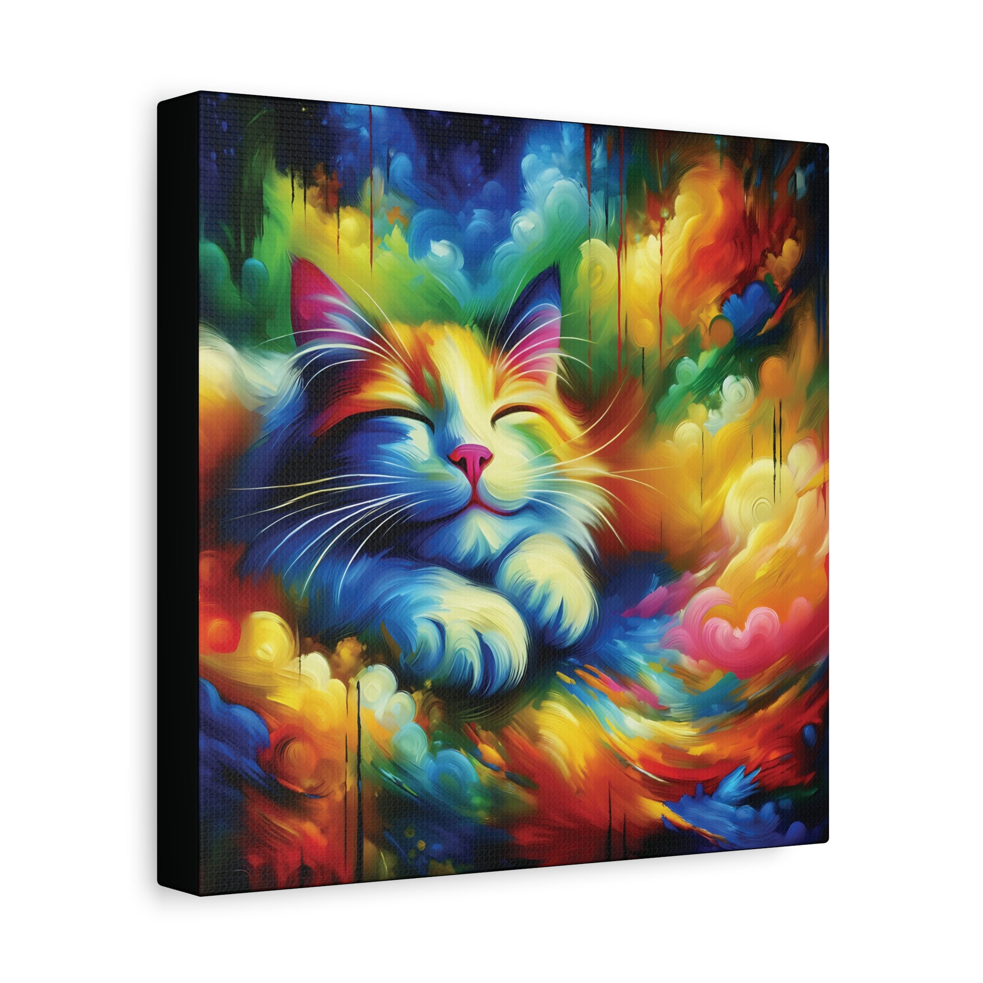 A canvas wall art print of a colorful, blissful cat with closed eyes in a multicolored abstract expressionist art style.