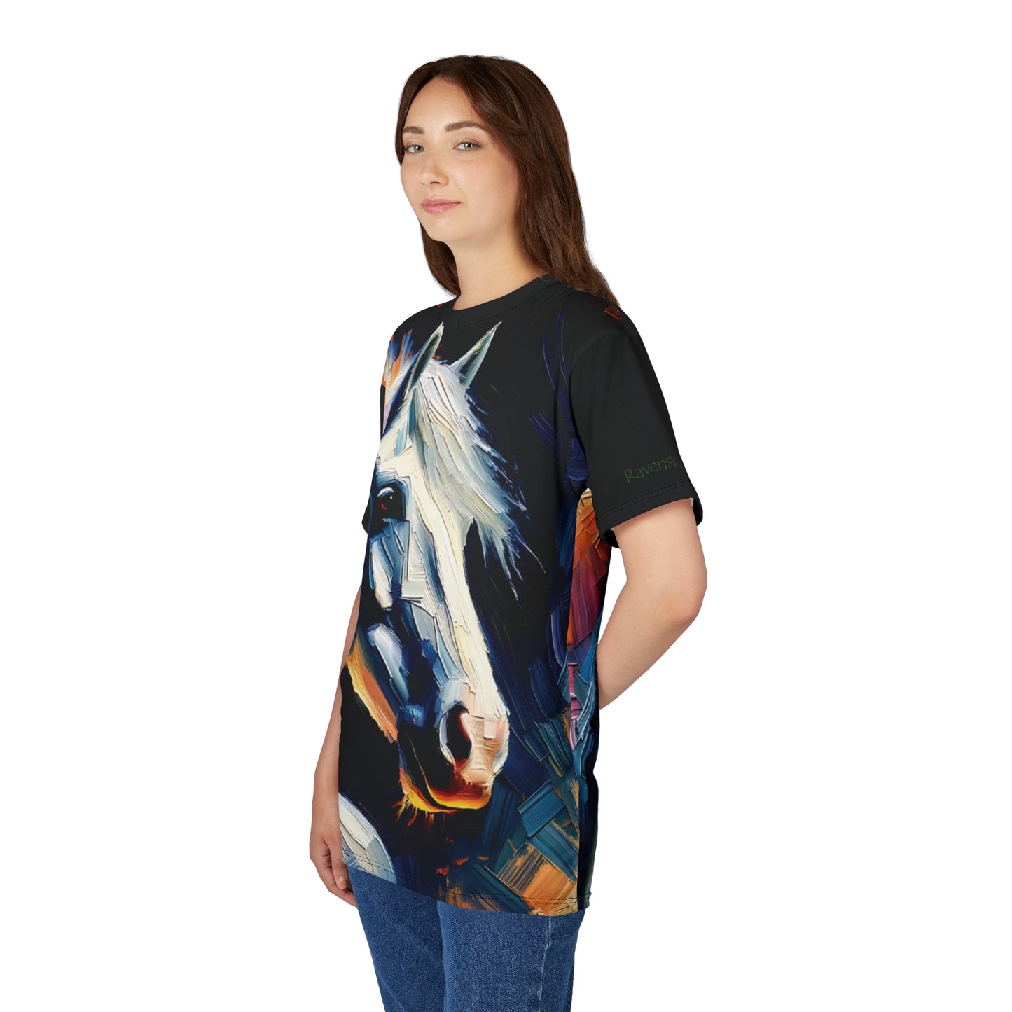 White Arabian Portrait Vibrant Art Tee | Colorful Unisex Cut & Sew T-Shirt, Wildlife Apparel, Unique Graphic Tee, Birthday Gift