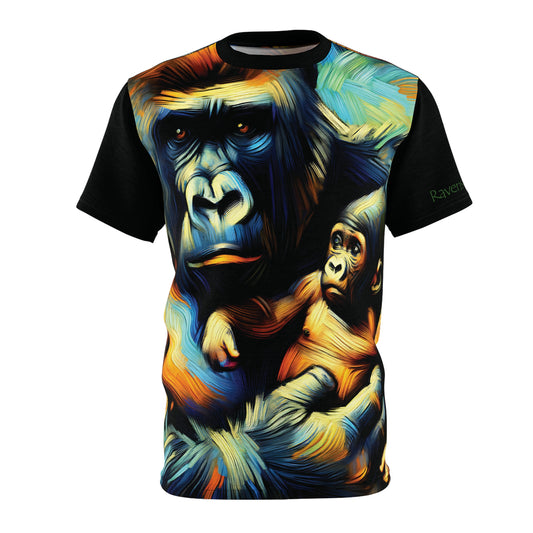 T-shirt with a colorful graphic of two gorillas on a black shirt