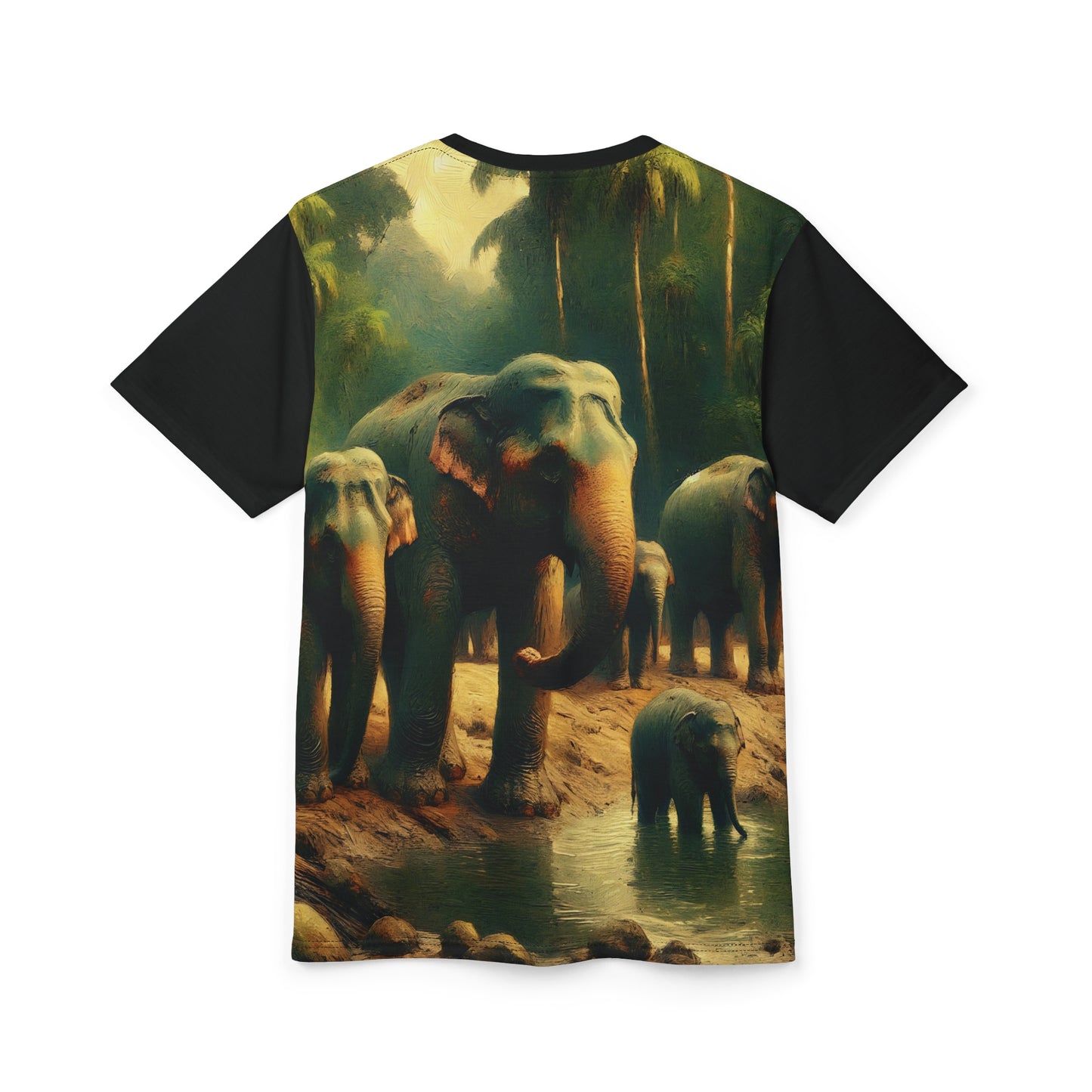 Asiatic Elephant Herd at Watering Hole Vibrant Art Tee | Colorful Unisex Cut & Sew T-Shirt, Wildlife Apparel, Unique Graphic Tee, Birthday Gift