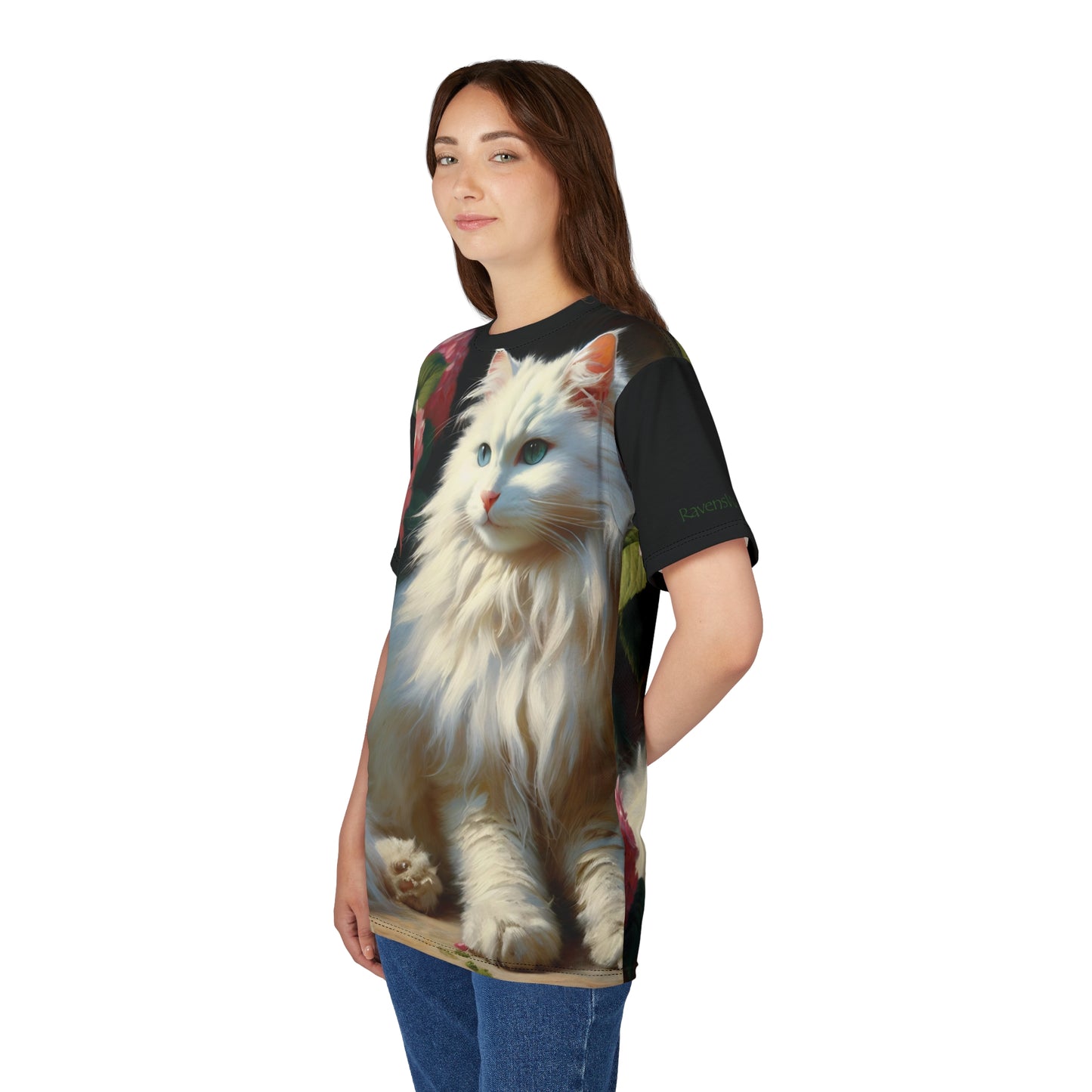 Blue-Eyed White Cat with Pink Hydrangeas Vibrant Art Tee | Colorful Unisex Cut & Sew T-Shirt, Wildlife Apparel, Unique Graphic Tee, Birthday Gift