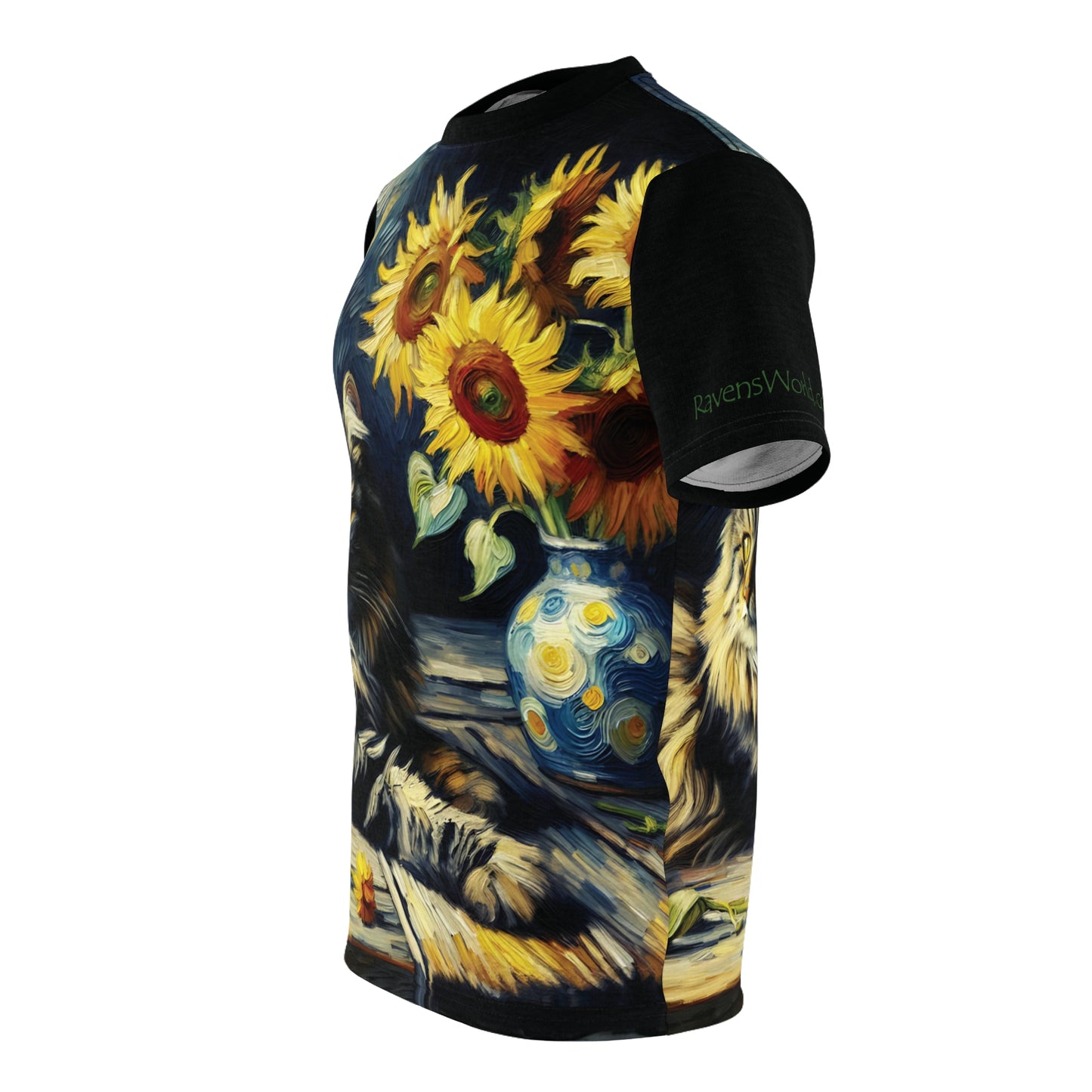 Grey Tabby Cat with Sunflowers Vibrant Art Tee | Colorful Unisex Cut & Sew T-Shirt, Cat Lover Apparel, Unique Graphic Tee, Birthday Gift