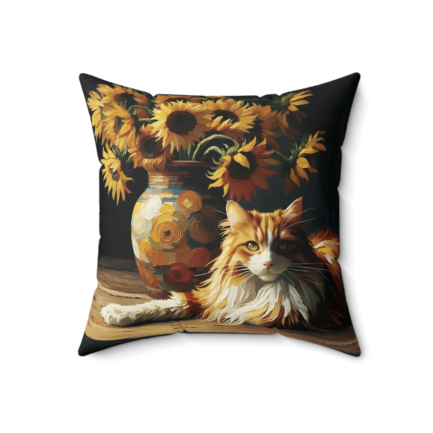 Throw Pillow - Orange and White Cat with Sunflowers Cozy Decorative Cushion - Cozy Faux Suede Cover