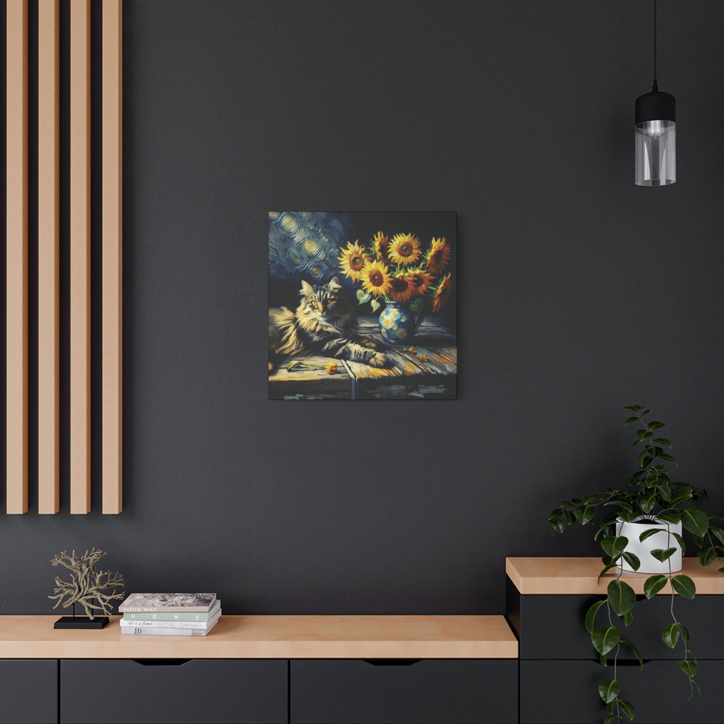 Canvas Wall Art - Grey Tabby Cat with Sunflowers - Old Master Style Art