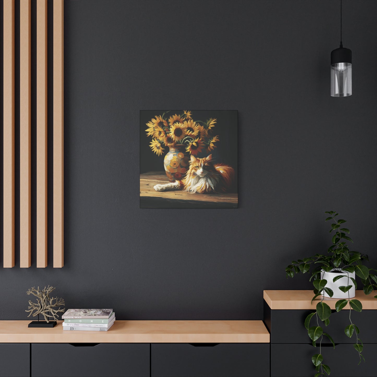 Canvas Wall Art - Orange and White Cat with Sunflowers Old Master Style Art