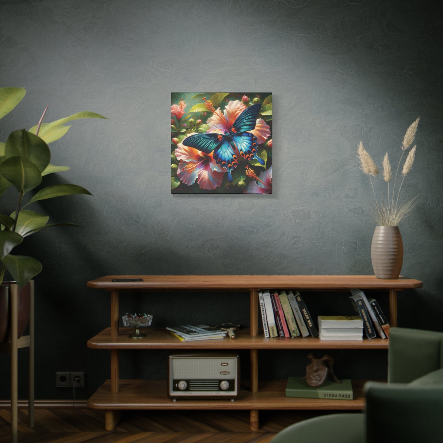 Butterfly Canvas Wall Art - Blue Butterfly with Hibiscus, Impressionist Art Style