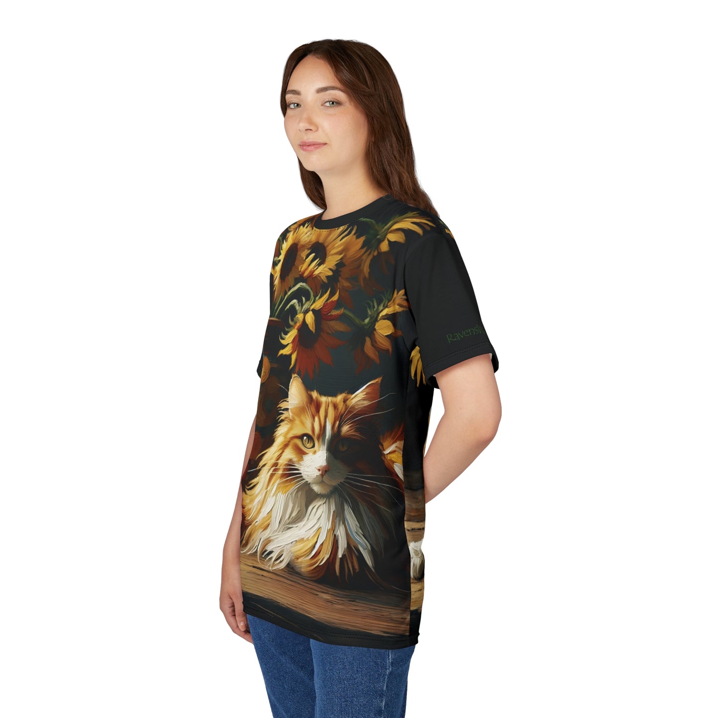 Orange and White Cat with Sunflowers Vibrant Art Tee | Colorful Unisex Cut & Sew T-Shirt, Cat Lover Apparel, Unique Graphic Tee, Birthday Gift