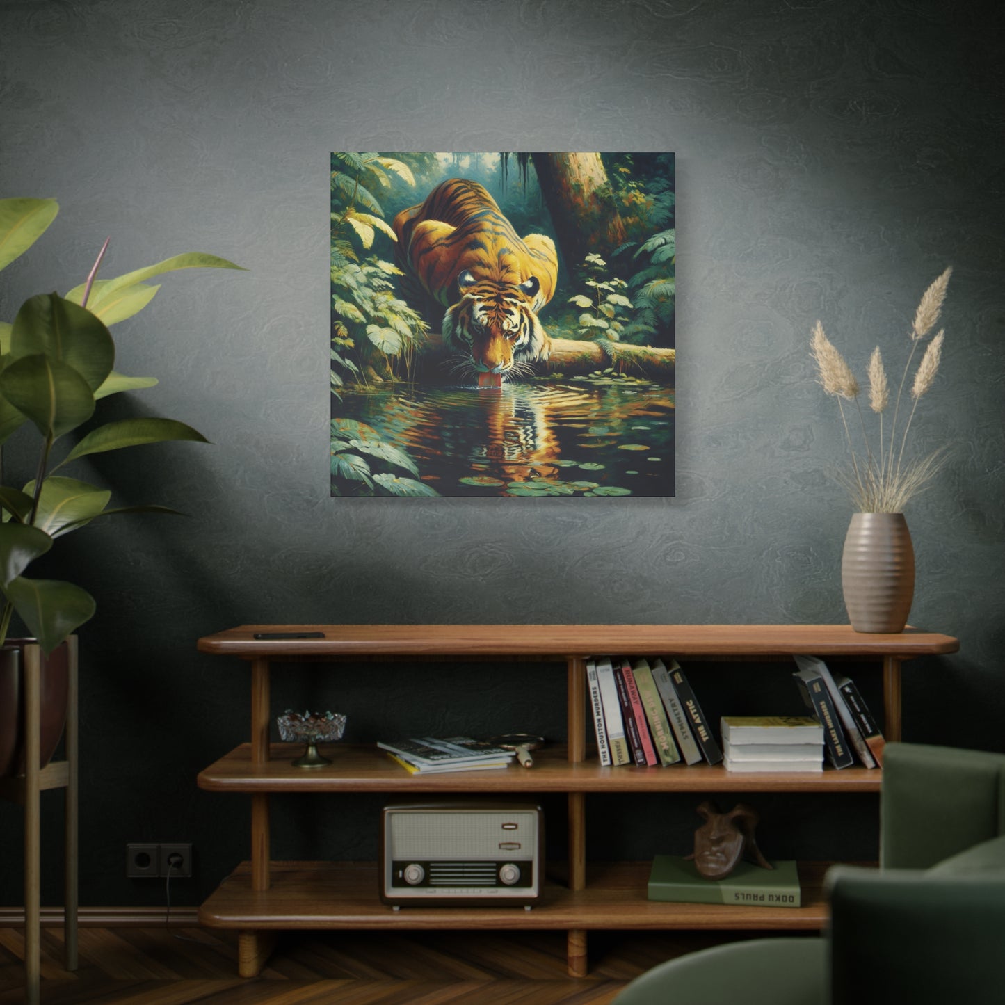 Tiger at Pond Impressionist Canvas Art Print