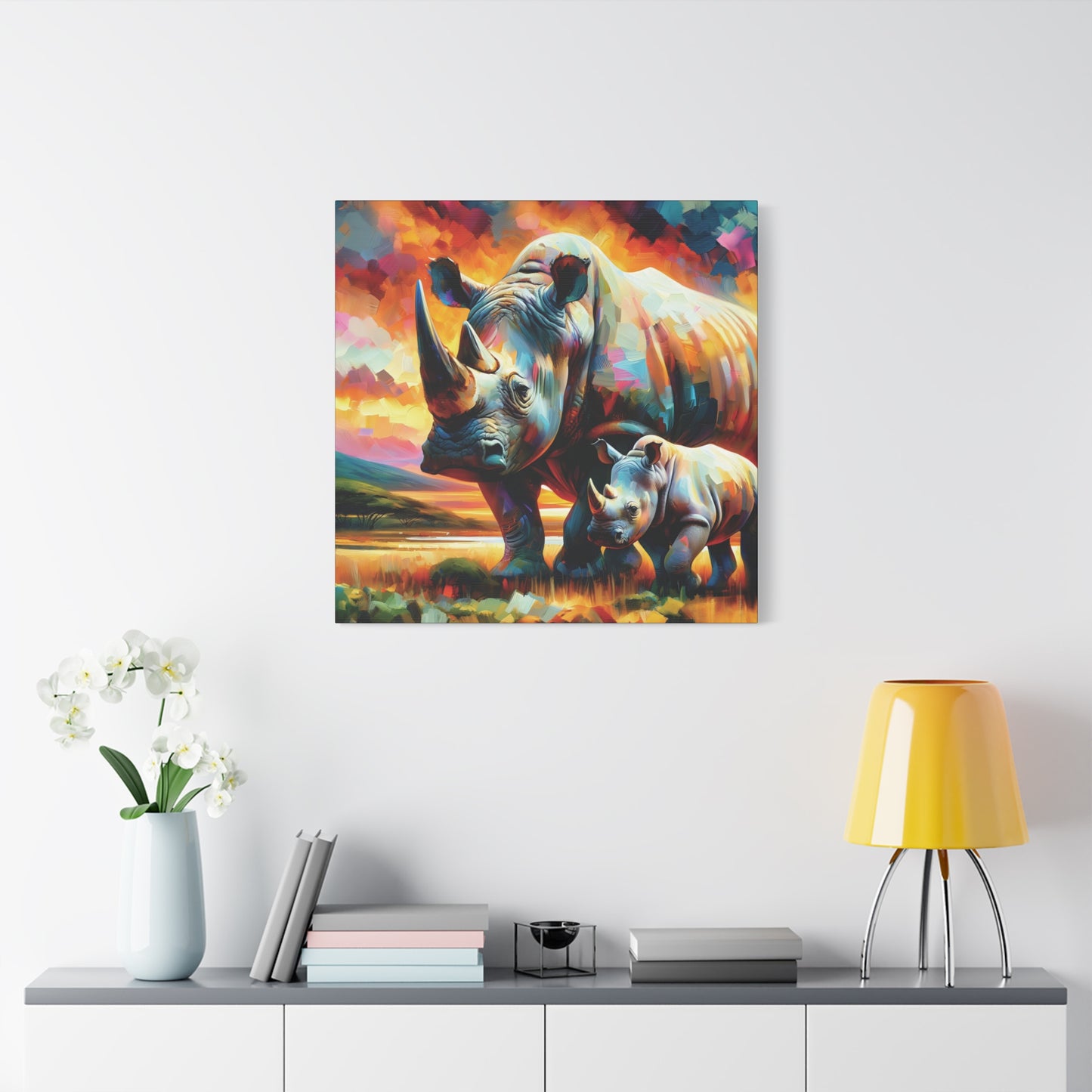 Rhinos at Sunset Expressionist Canvas Art Print