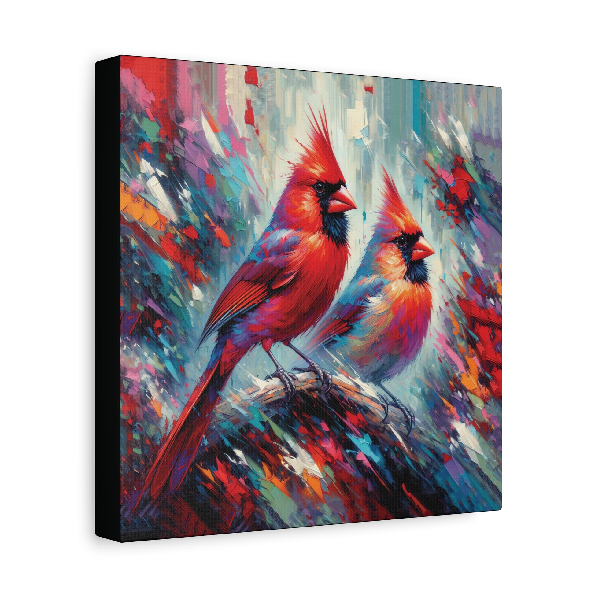 Canvas print of two red cardinals on a colorful abstract background