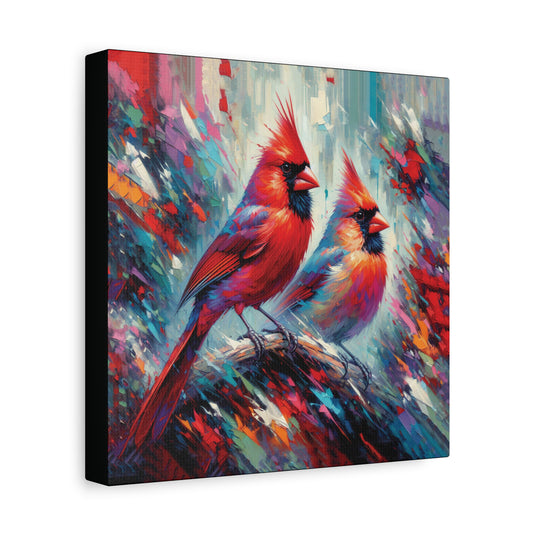 Canvas print of two red cardinals on a colorful abstract background