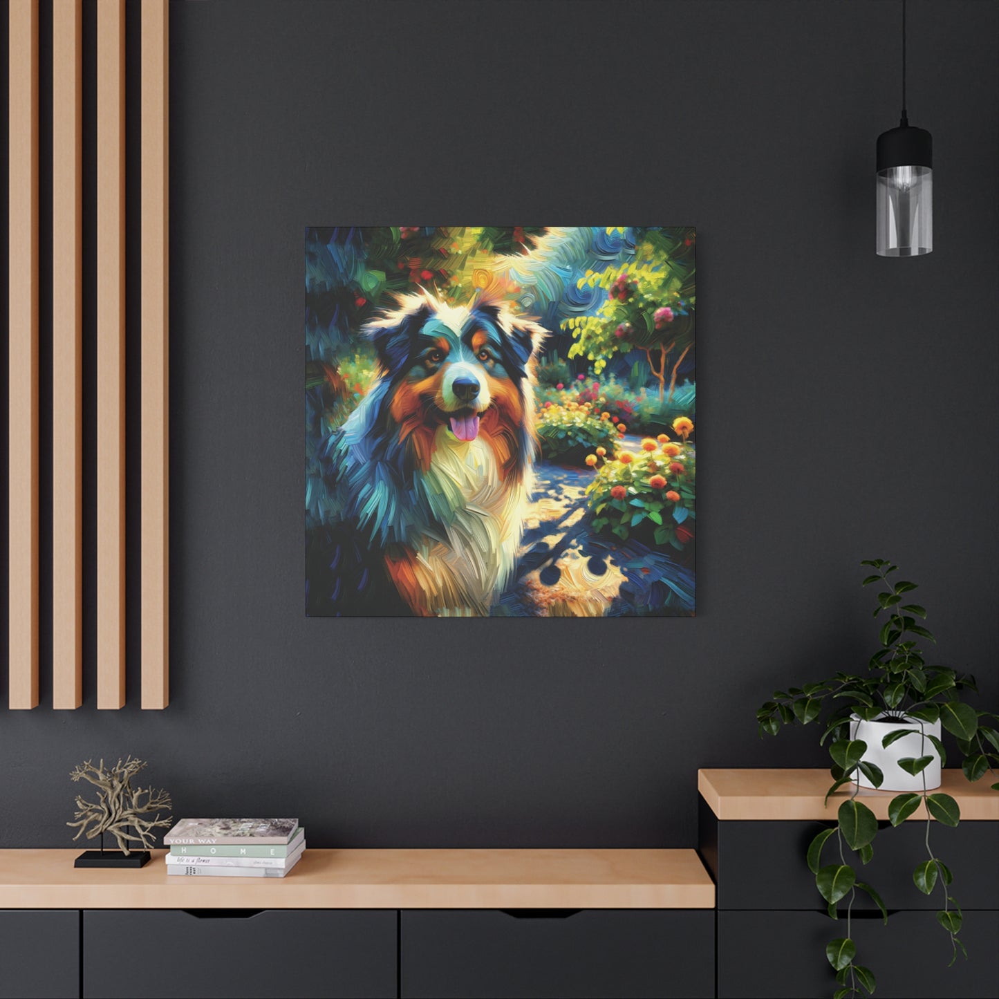 Canvas Wall Art - Australian Shepherd on Garden Path, Contemporary Impressionist Art Print