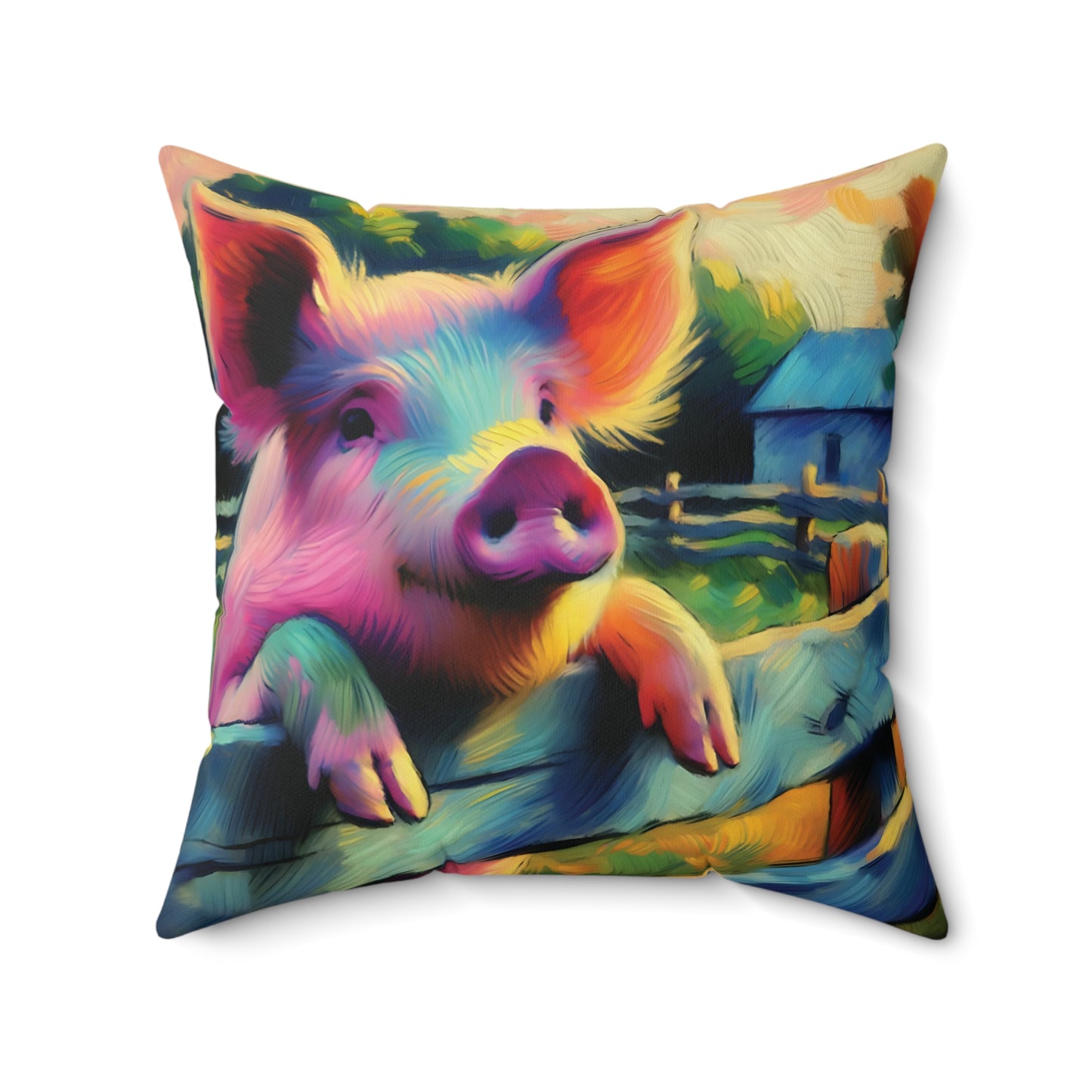 Pig Throw Pillow - Impressionist Style Art - Cute Pig with Fence on Faux Suede Square Pillow