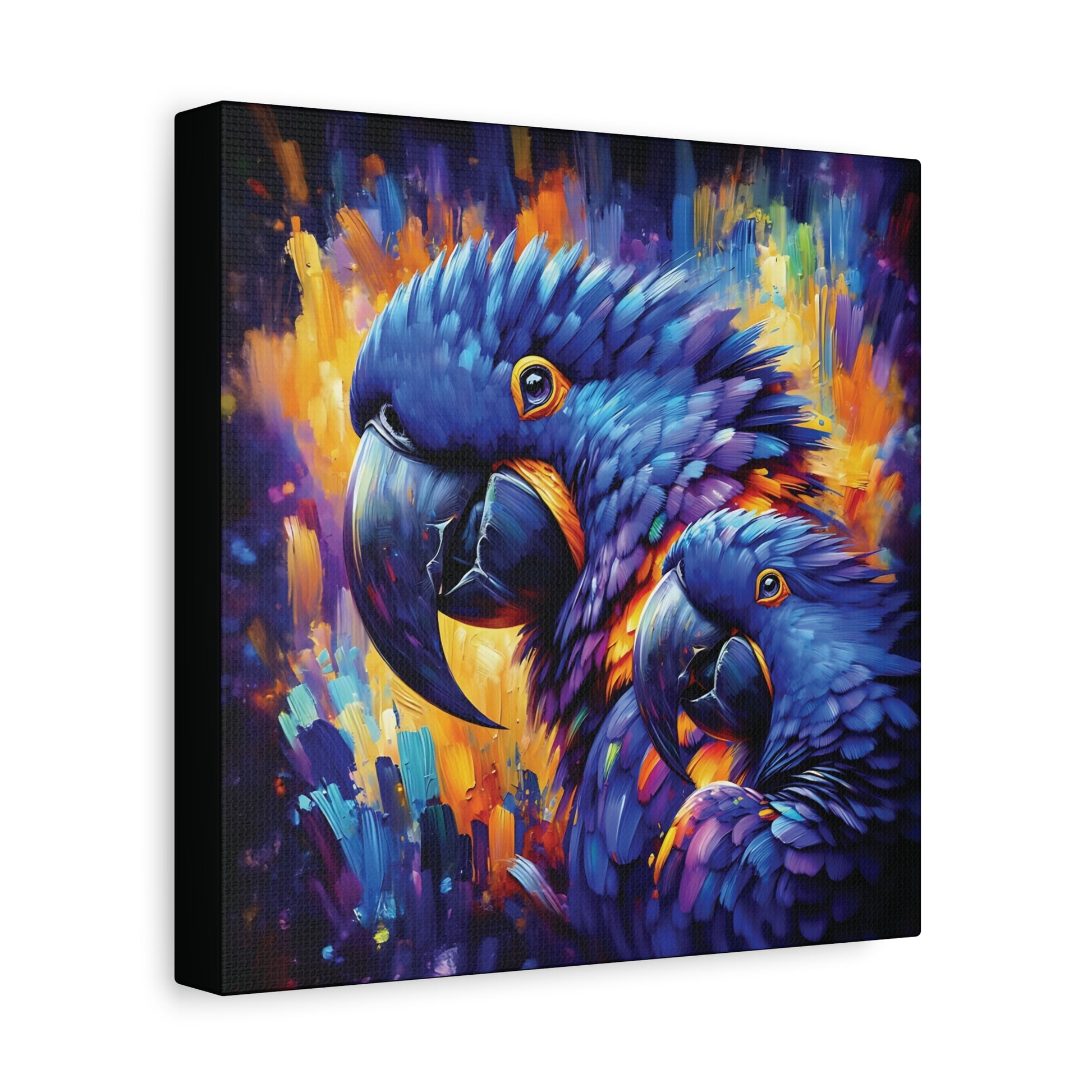 Canvas print of two colorful hyacinth macaw parrots on a wild background