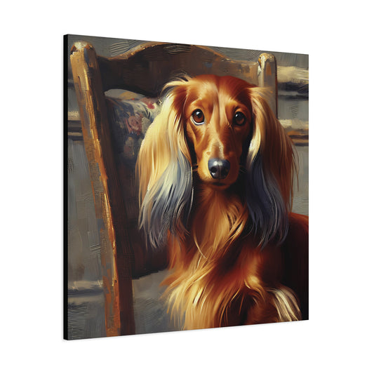 Canvas print of a long-haired Dachshund dog sitting on a chair