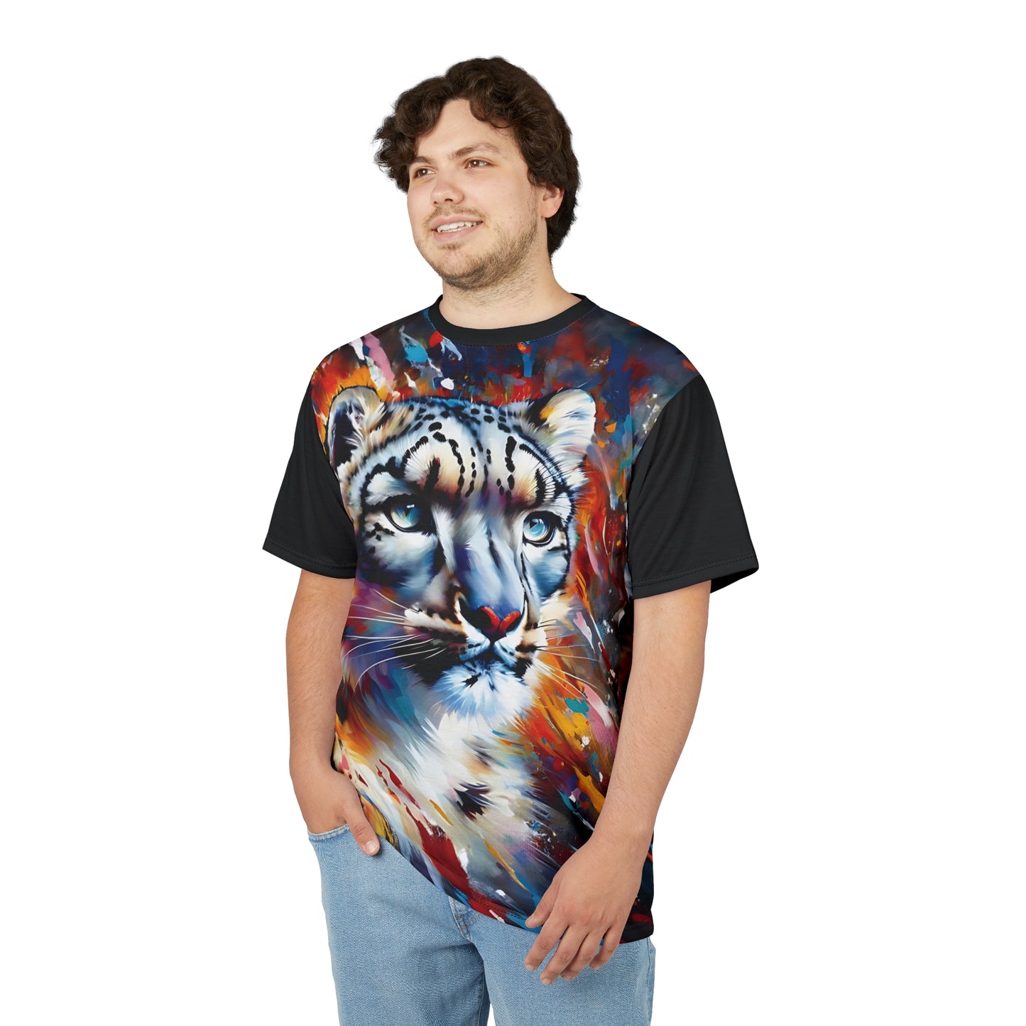 Colorful Snow Leopard Vibrant Art Tee | Colorful Unisex Cut & Sew T-Shirt, Wildlife Apparel, Unique Graphic Tee, Birthday Gift