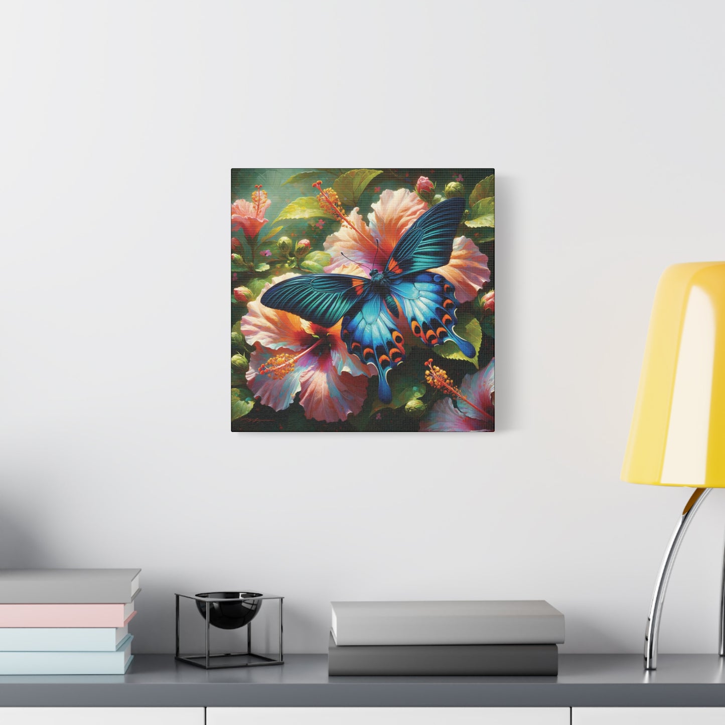 Butterfly Canvas Wall Art - Blue Butterfly with Hibiscus, Impressionist Art Style