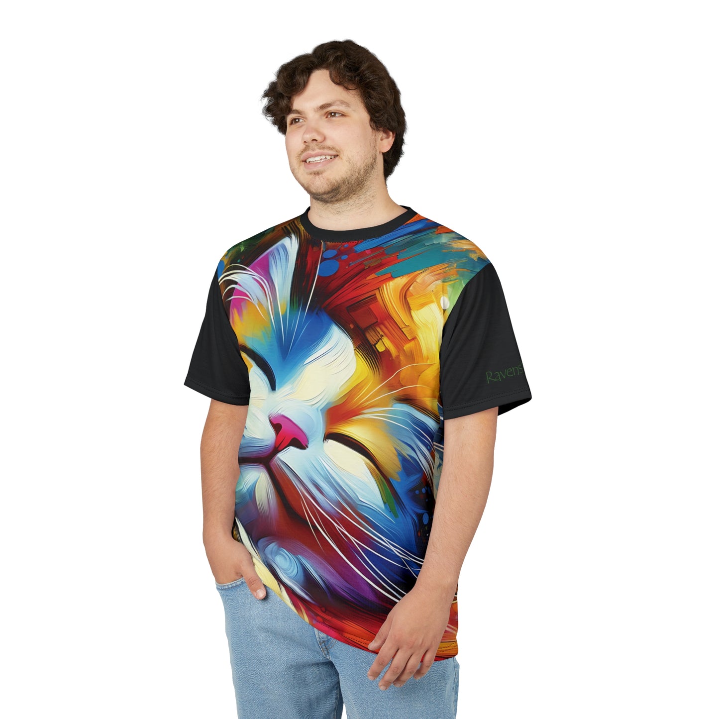Happy Cat Dreams Vibrant Art Tee | Colorful Unisex Cut & Sew T-Shirt, Wildlife Apparel, Unique Graphic Tee, Birthday Gift