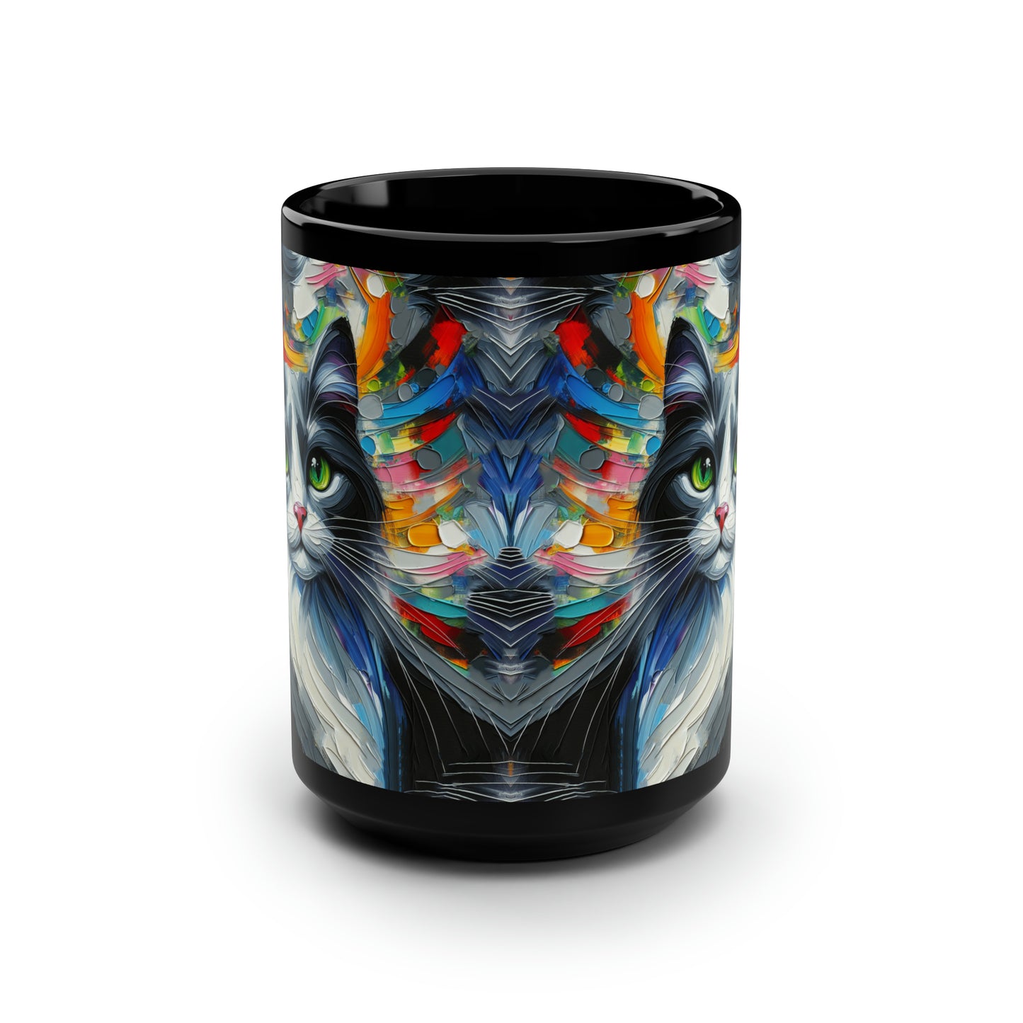 Grey and White Cat - Black Mug, 15oz