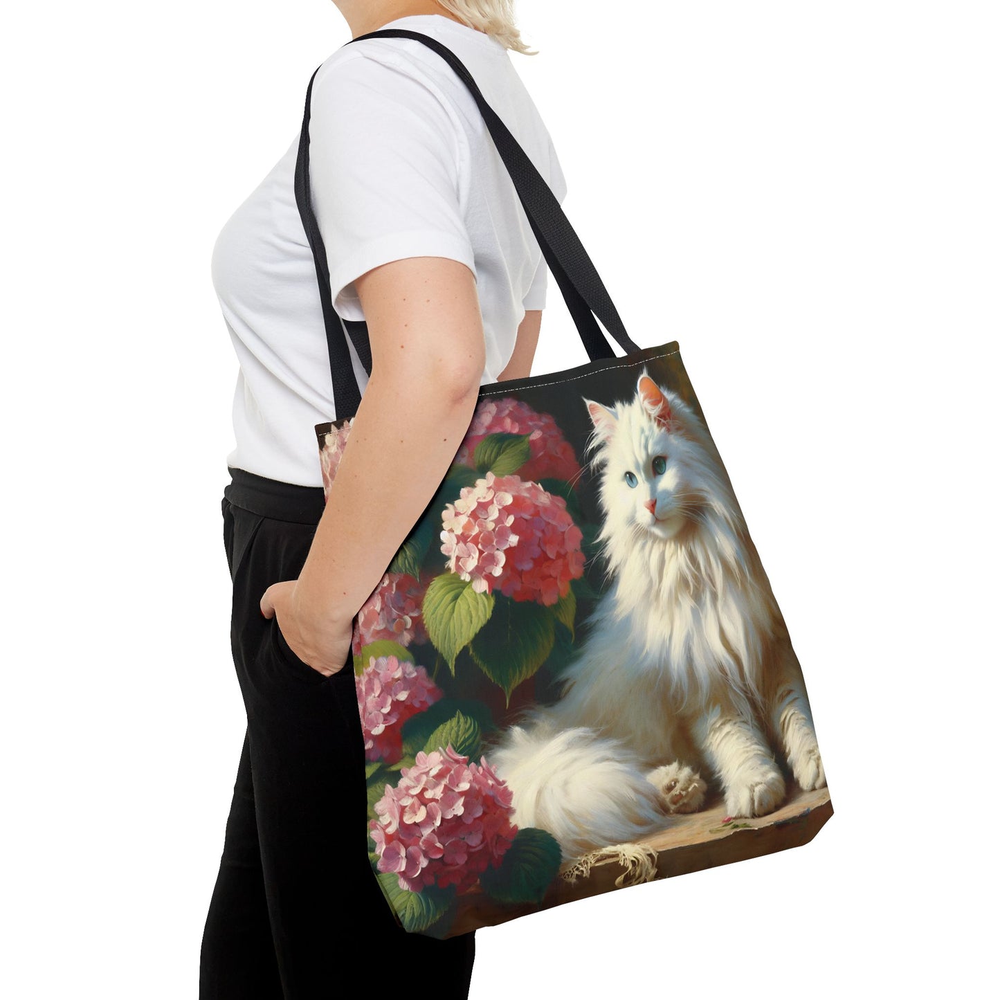 Cat Tote Bag with Pink Hydrangeas - Impressionist Style Art