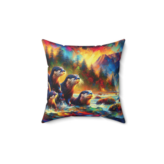 River Otters at Sunset - Spun Polyester Pillow