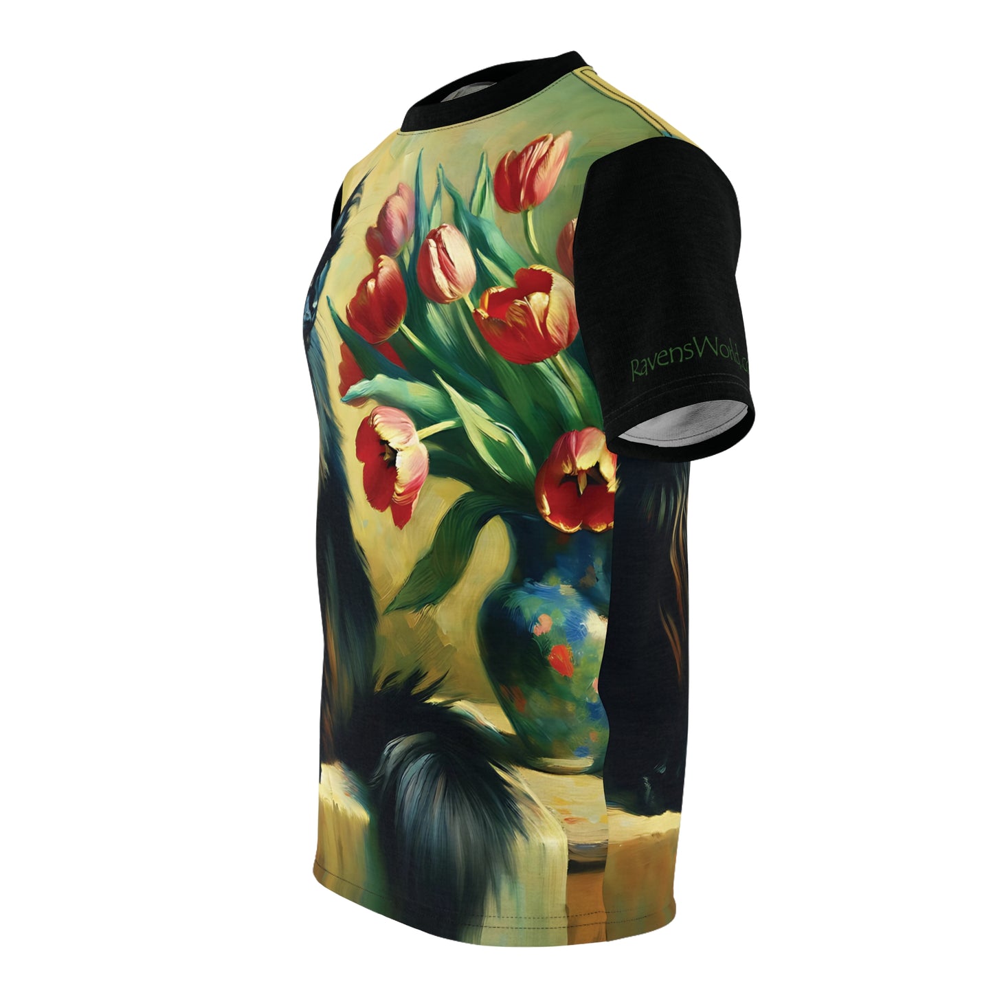 The Artist's Black Cat with Red Tulips Vibrant Art Tee | Colorful Unisex Cut & Sew T-Shirt, Wildlife Apparel, Unique Graphic Tee, Birthday Gift