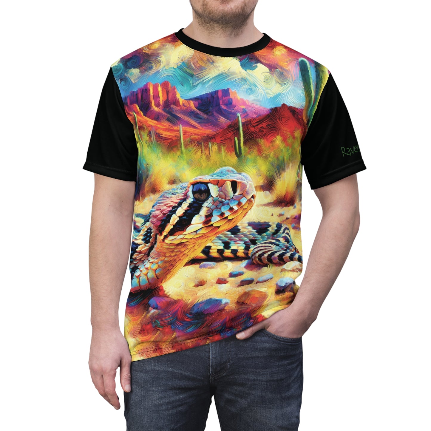 Desert Rattlesnake Vibrant Art Tee | Colorful Unisex Cut & Sew T-Shirt, Wildlife Apparel, Unique Graphic Tee, Birthday Gift