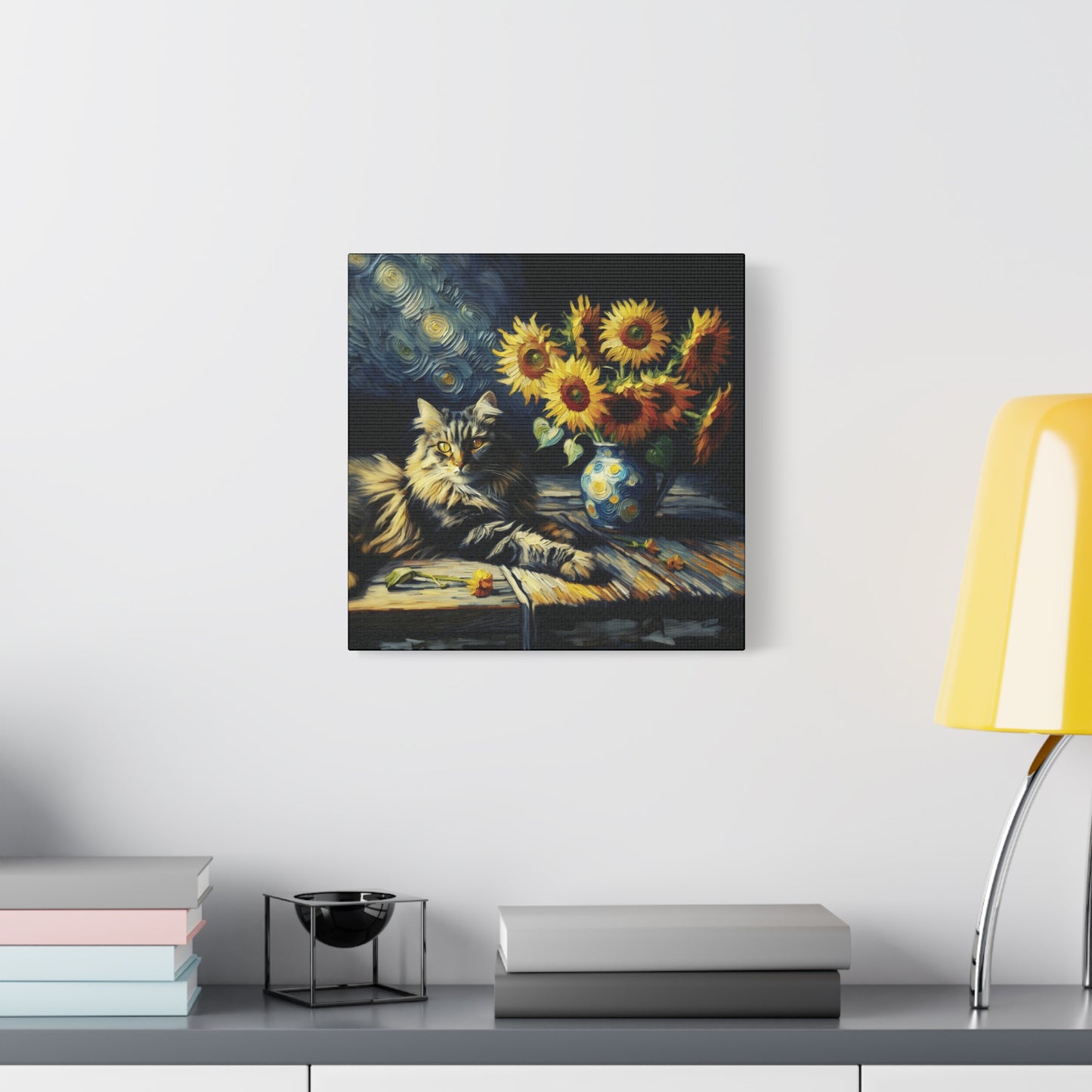 Canvas Wall Art - Grey Tabby Cat with Sunflowers - Old Master Style Art