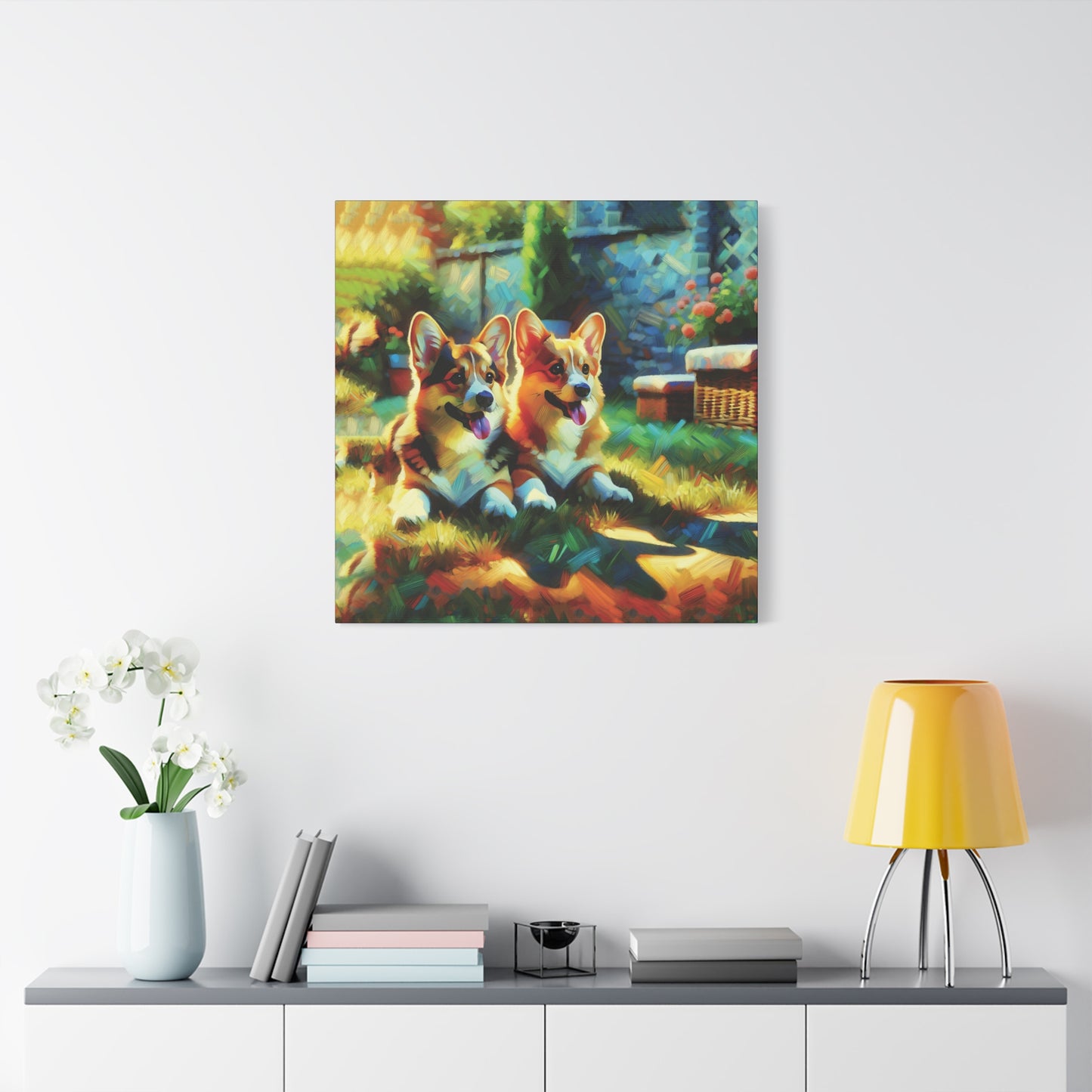 Canvas Wall Art - Pembroke Corgi Pair Resting in Garden - Contemporary Impressionist Print