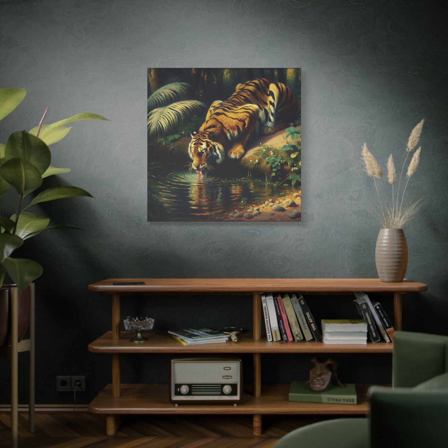 Tiger Drinking Impressionist Canvas Art Print