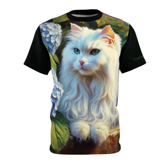 White Cat with Hydrangeas Vibrant Art Tee | Colorful Unisex Cut & Sew T-Shirt, Cat Lover Apparel, Unique Graphic Tee, Birthday Gift