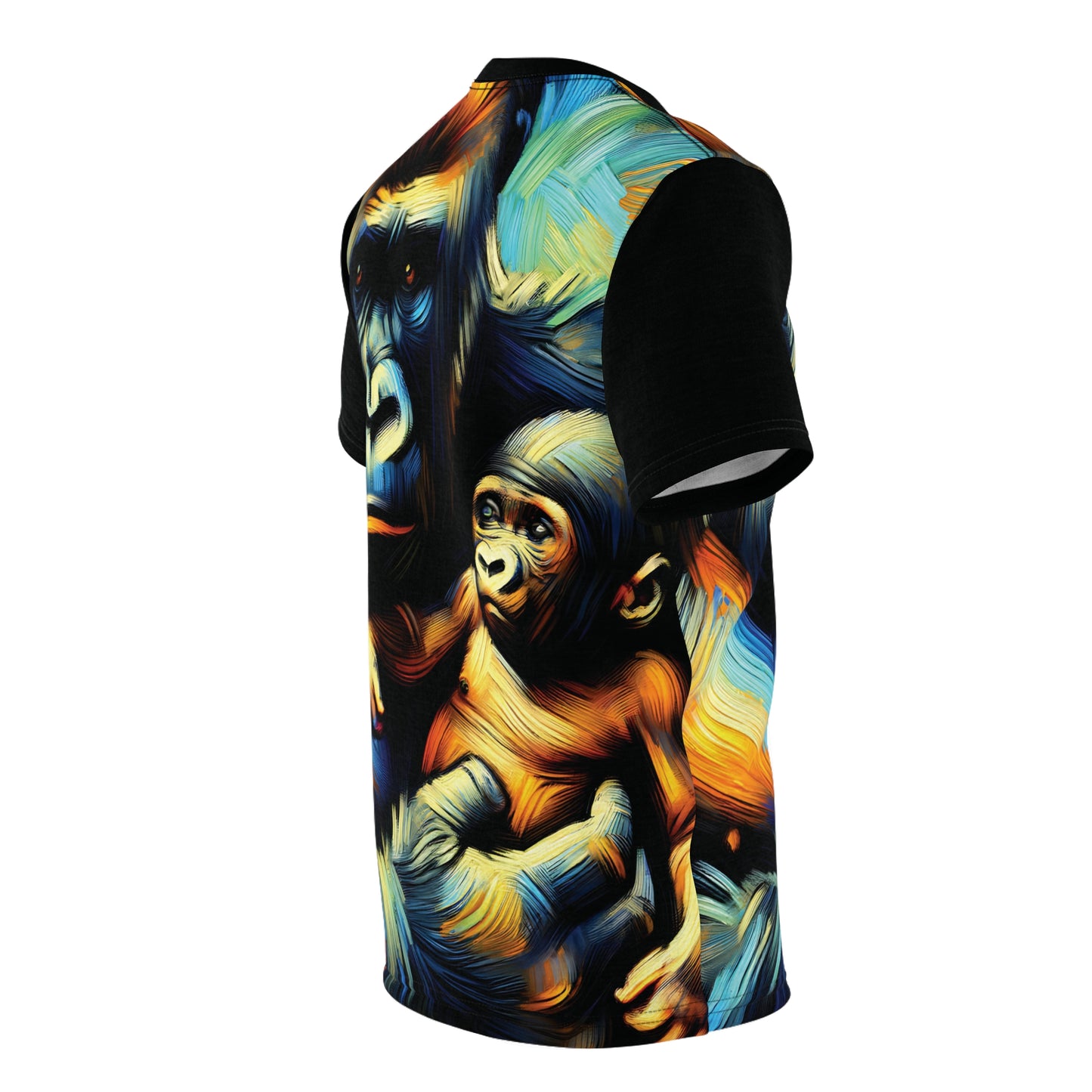 Gorilla Holding Baby Art Tee | Colorful Unisex Cut & Sew T-Shirt, Wildlife Apparel, Unique Graphic Tee, Birthday Gift