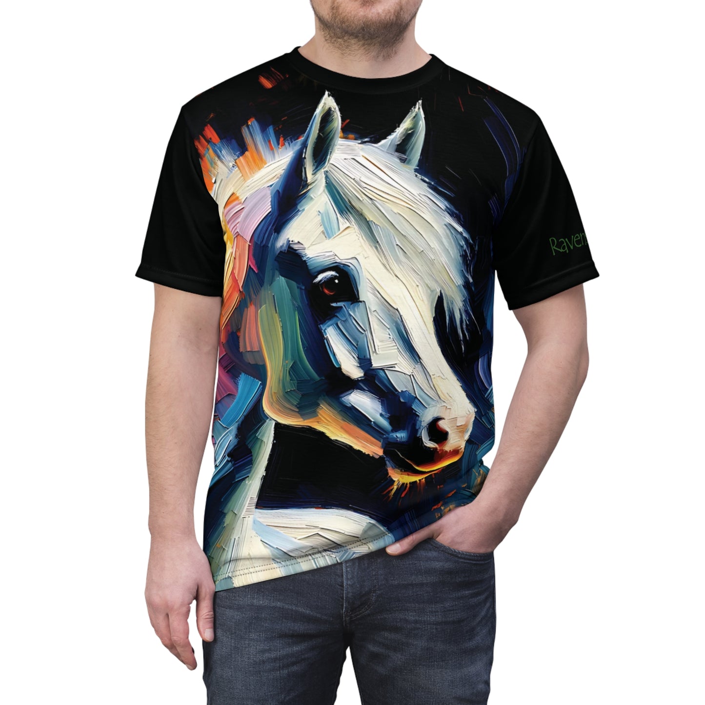 White Arabian Portrait Vibrant Art Tee | Colorful Unisex Cut & Sew T-Shirt, Wildlife Apparel, Unique Graphic Tee, Birthday Gift