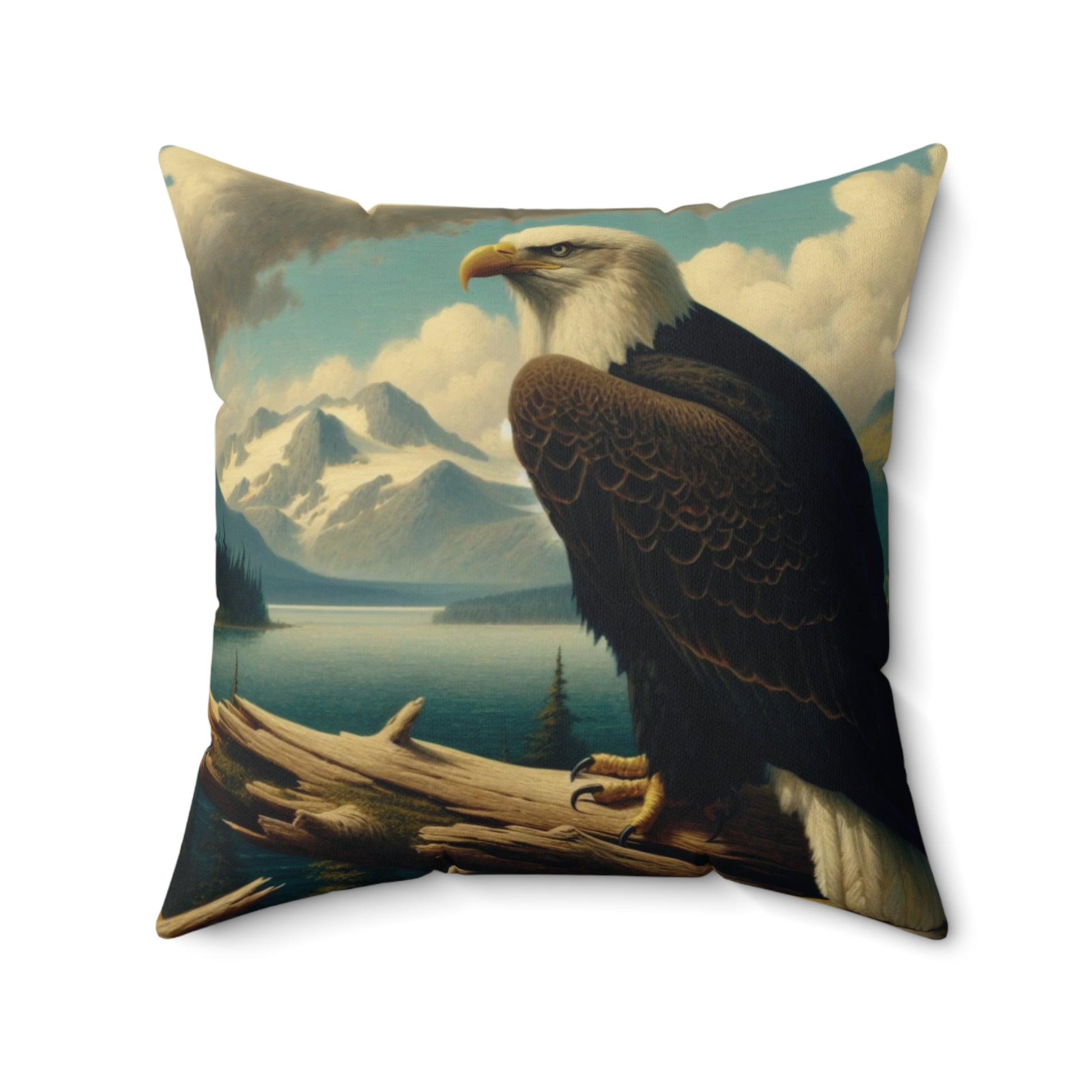 Decorative pillow with an eagle design featuring mountains and lake