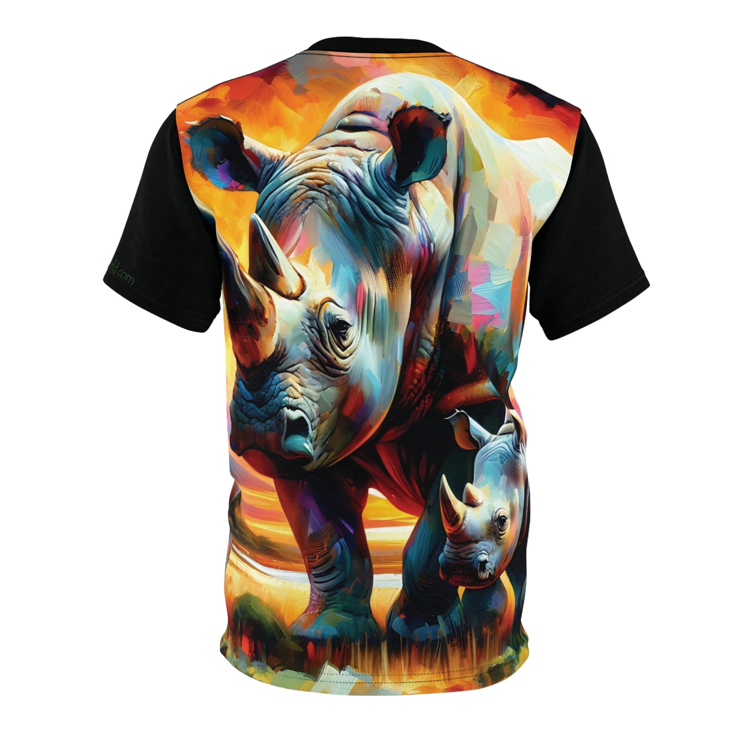 Rhinos at Sunset Art Tee | Colorful Unisex Cut & Sew T-Shirt, Wildlife Apparel, Unique Graphic Tee, Birthday Gift