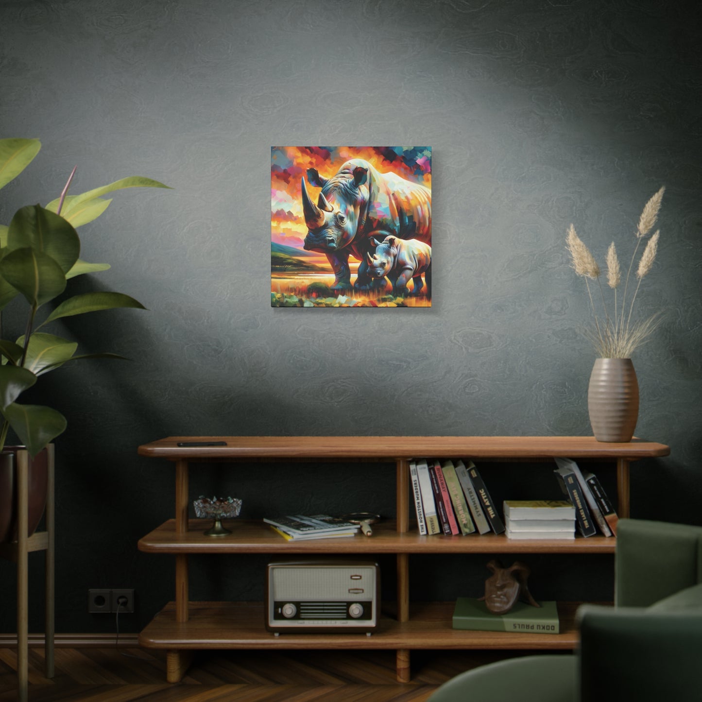 Rhinos at Sunset Expressionist Canvas Art Print
