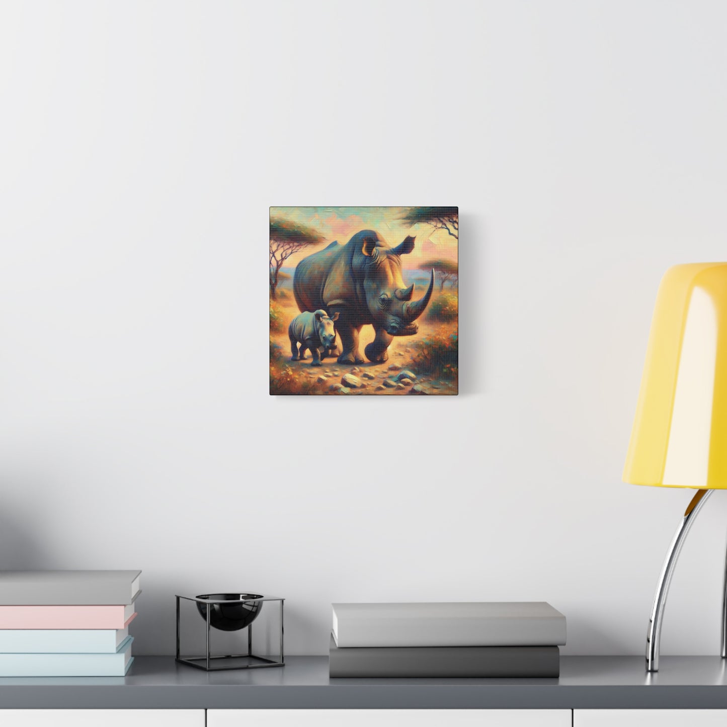 Rhino with Baby Impressionist Canvas Wall Art