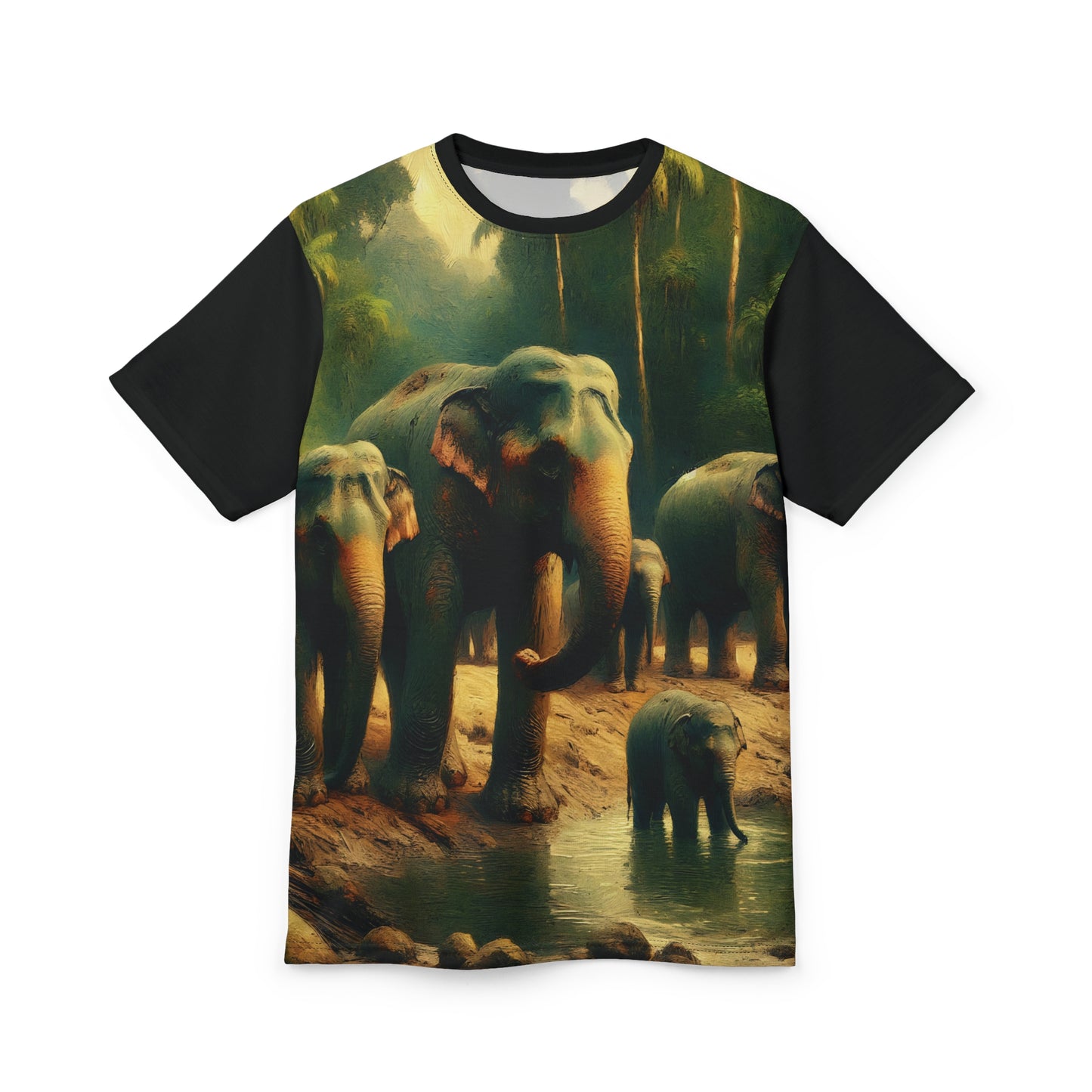 Asiatic Elephant Herd at Watering Hole Vibrant Art Tee | Colorful Unisex Cut & Sew T-Shirt, Wildlife Apparel, Unique Graphic Tee, Birthday Gift