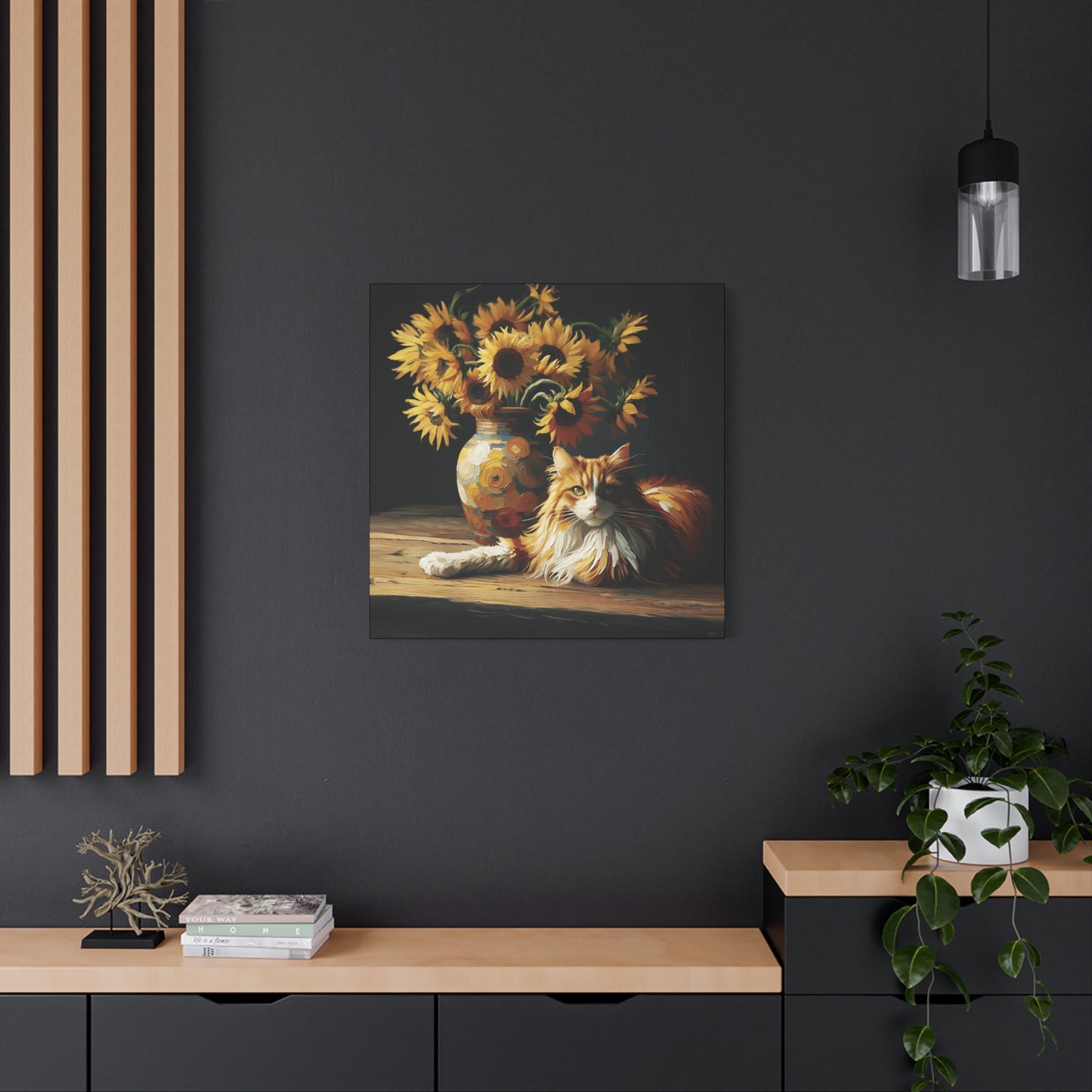 Canvas Wall Art - Orange and White Cat with Sunflowers Old Master Style Art