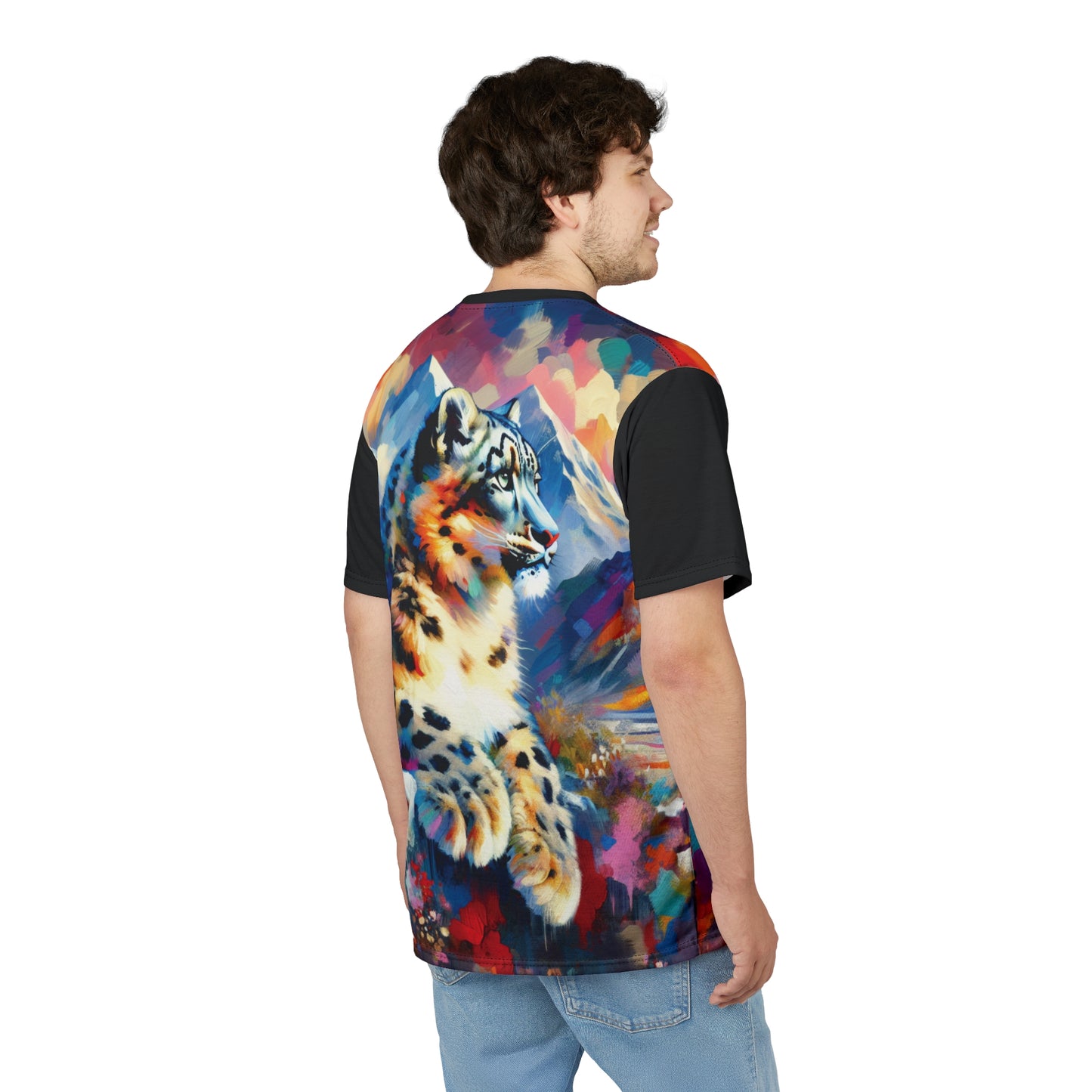 Himalayan Snow Leopard Vibrant Art Tee | Colorful Unisex Cut & Sew T-Shirt, Wildlife Apparel, Unique Graphic Tee, Birthday Gift